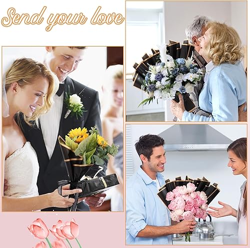 Miniatura 6 de Njzwxzw 60 hojas de papel de regalo de flores, papel de regalo floral con borde dorado, papel de embalaje de ramo de flores impermeable con cinta