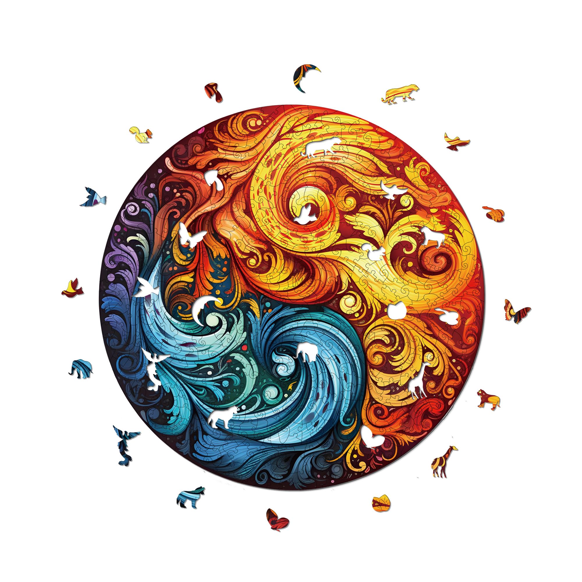 MagicHolz – Holzpuzzle Mandala Feuer und Wasser – rundes Holz Puzzle Ø 47 cm – besondere Geschenkidee für Erwachsene & Kinder – inkl.Premium Holzbox