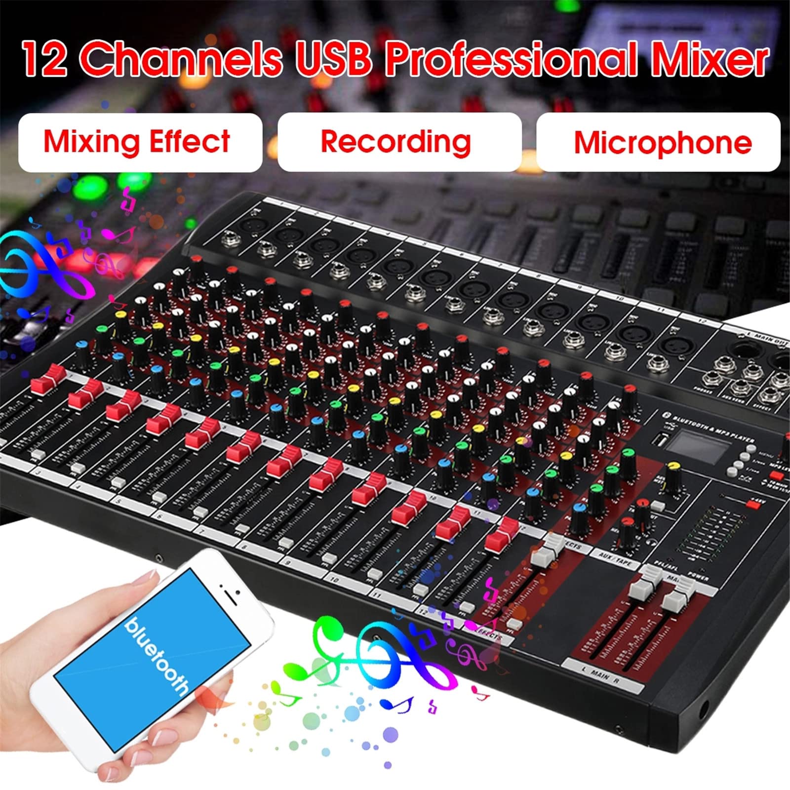 Controller DJ Mixer USB 12 canali Mixer Audio Professionale Scheda Audio DSP a 24 Bit incorporata Effetto Digitale MP3, Bluetooth, Controller Audio DJ