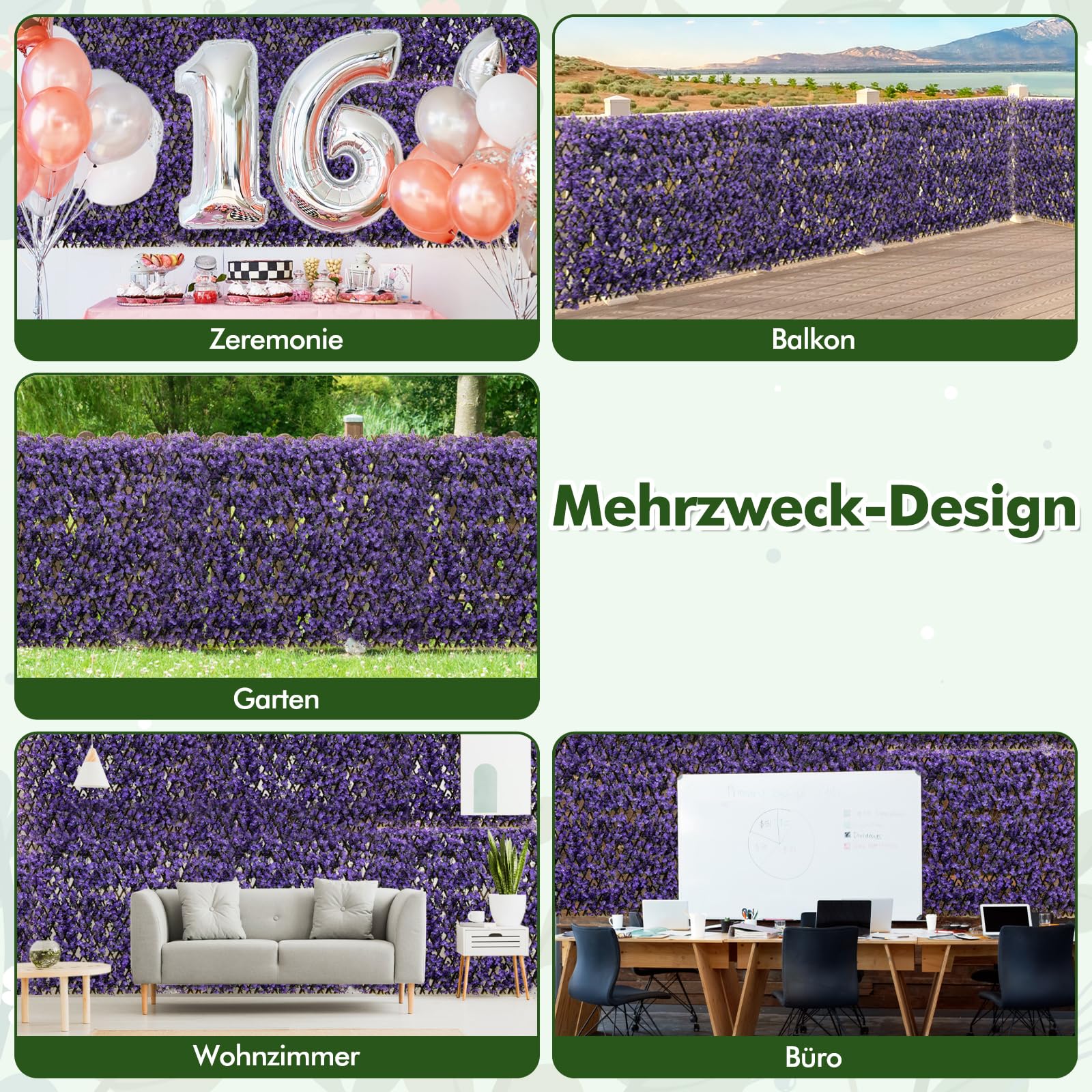 RELAX4LIFE erweiterbare Pflanzenwand, dekorativer Sichtschutzzaun aus künstlichem lila Eucalyptus, sonnenschützende deko Pflanzen Paneele für Garten & Balkon & Hauswand & Terrasen (Lila)