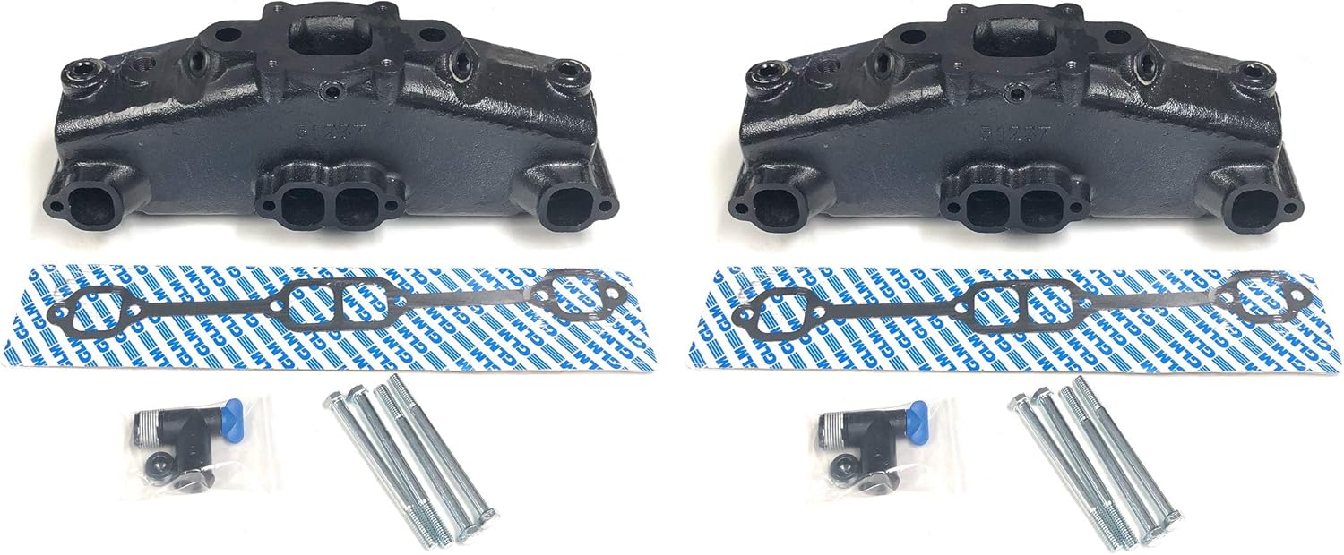 Pair of (2) GLM Marine Dry Joint Exhaust Manifolds compatible replacements for 2005 & UP Mercruiser 305 350 377 5.0L 5.7L 6.2L V-8's