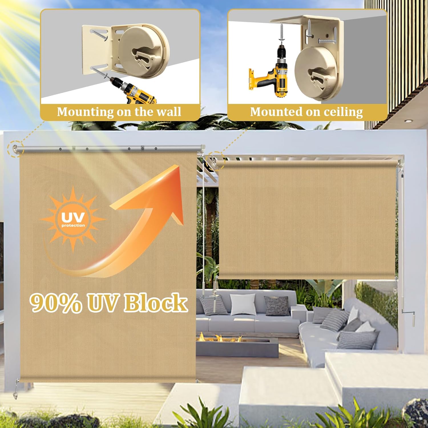 Shade&Beyond Outdoor Roller Shades 8' W x 8' H, Patio Roll Up Blinds 220 GSM Shade Cloth Roll for Porch Gazebo Pergola Balcony Backyard, Wheat