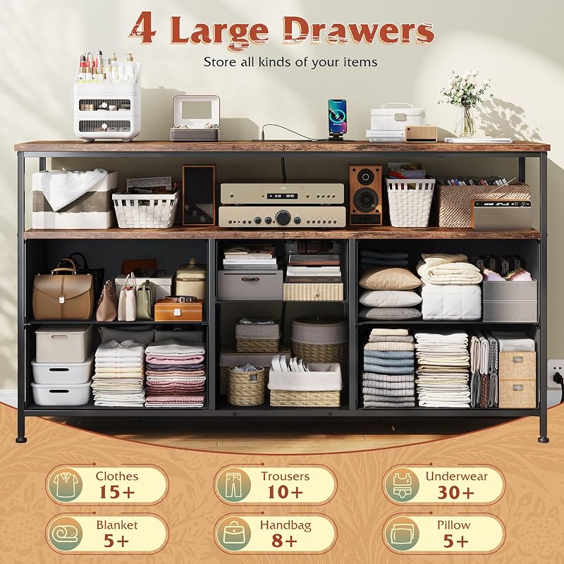 EnHomee TV Stand for Bedroom with LED & Outlets, 5-Drawer Storage, Brown image 4
