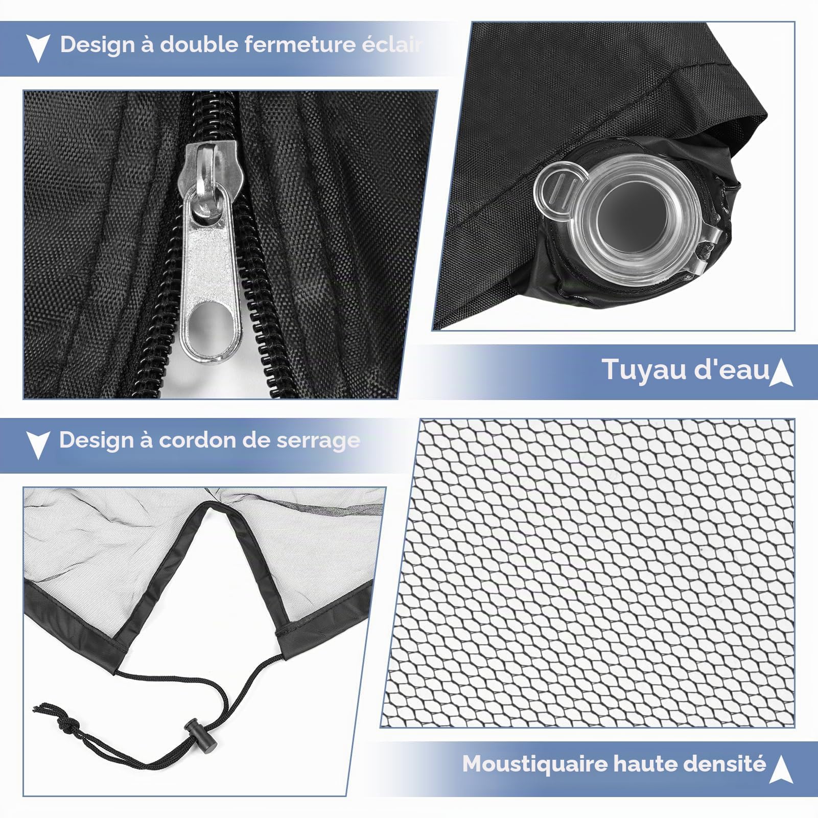 Moustiquaire carrée pour terrasse, 25 x 45 cm, moustiquaire coupe-vent avec fermeture éclair, corde réglable et fond rempli d'eau pour parapluies carrés, toit en fer