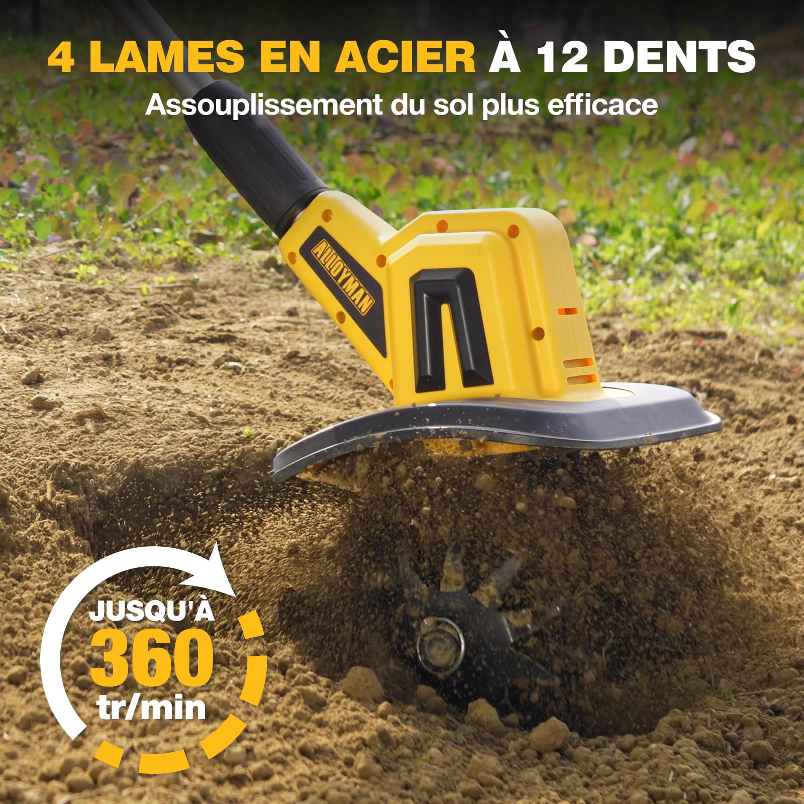 Alloyman Motobineuse sans Fil 20V Max, 360 TR/Min, Motoculteur Électrique avec 2 x 4,0 Ah Batteries et Chargeur, Largeur de Travail 23 cm, Profondeur 17 cm, pour Pelouse/Jardin/Travaux du Sol