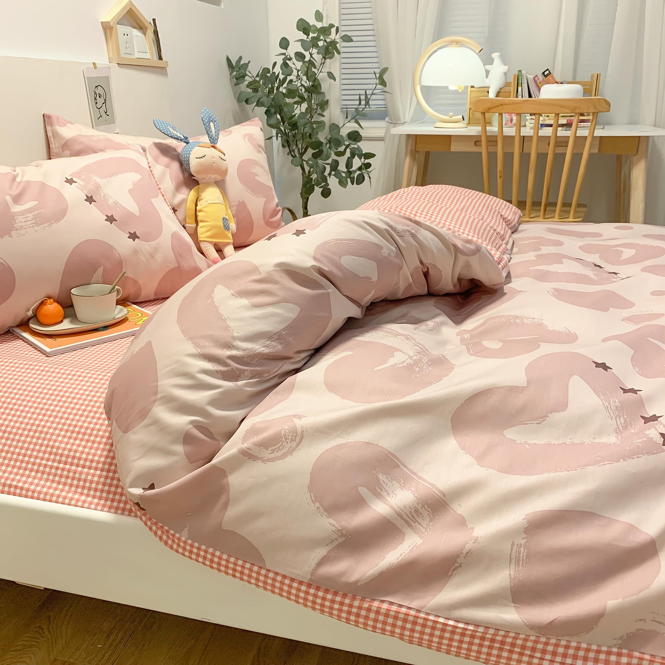 GETIYA Biancheria da letto da donna e ragazza, 135 x 200 cm, in cotone, motivo cuore, copripiumino singolo, romantico, rosa, reversibile, con chiusura lampo e 1 federa 80 x 80 cm