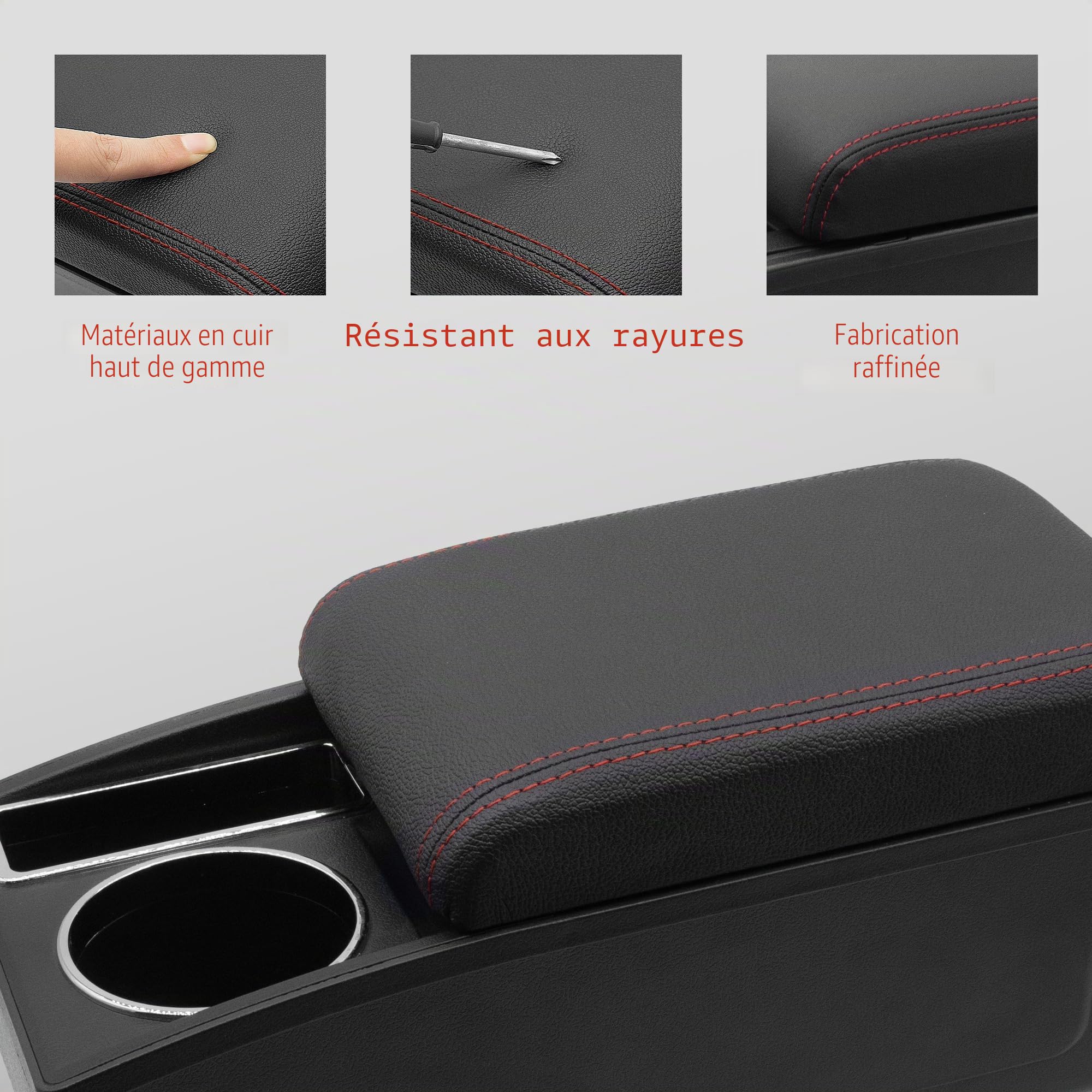Accoudoirs de Voiture pour Opel Adam Console Centrale Double Couche D'espace de Rangement avec Porte-gobelets Facile à Assembler Cuir Confortable et Durable Noir (Ligne Rouge)