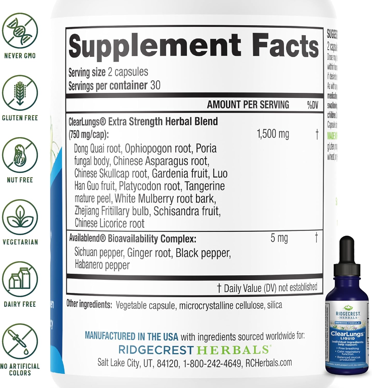 Ridgecrest Herbals ClearLungs Liquid Herbal Supplement, Orange Flavor Alcohol Free for Adults and Kids, Natural Lung and Nasal Wellness Formula for Bronchial and Mucus Support (2 fl oz, 29 Servings) - Image 3