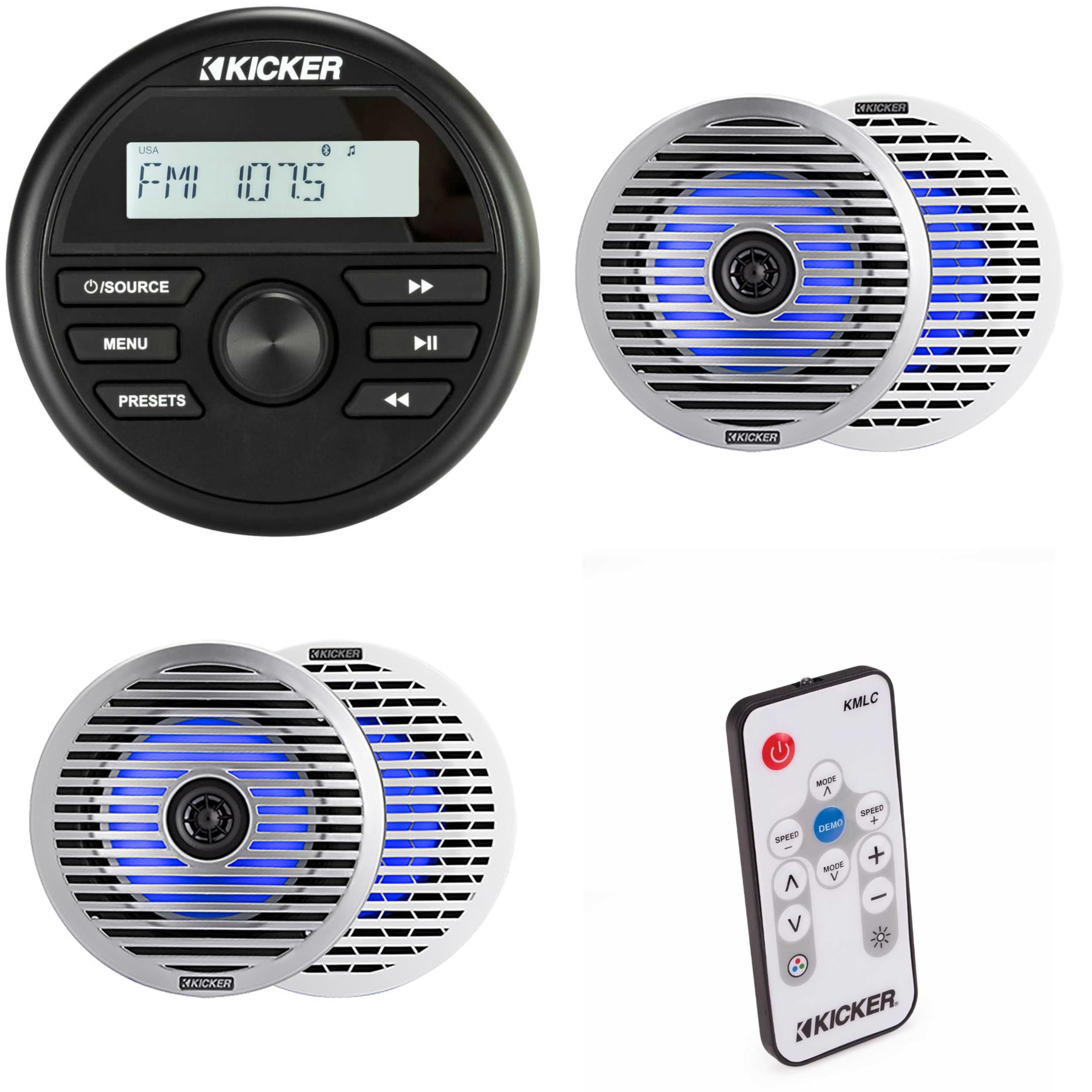 Kicker KMC2 Gauge Mount Marine Grade Receiver & (2 Pair) 51KM614FL 6.5