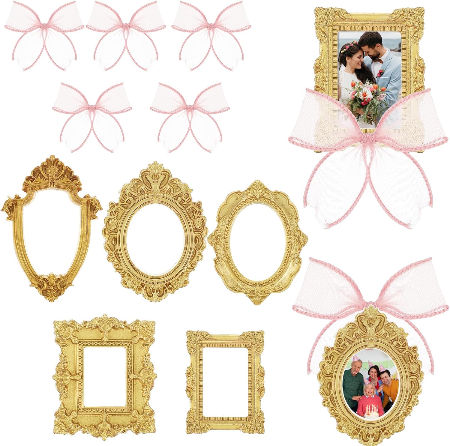 Qianyu 5pcs Mini Vintage Baroque Gold Picture Frames with Pink Bows - Antique Resin for Photos, Jewelry, Christmas Decor