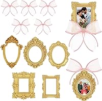 Qianyu 5pcs Mini Vintage Baroque Gold Picture Frames with Pink Bows - Antique Resin for Photos, Jewelry, Christmas Decor