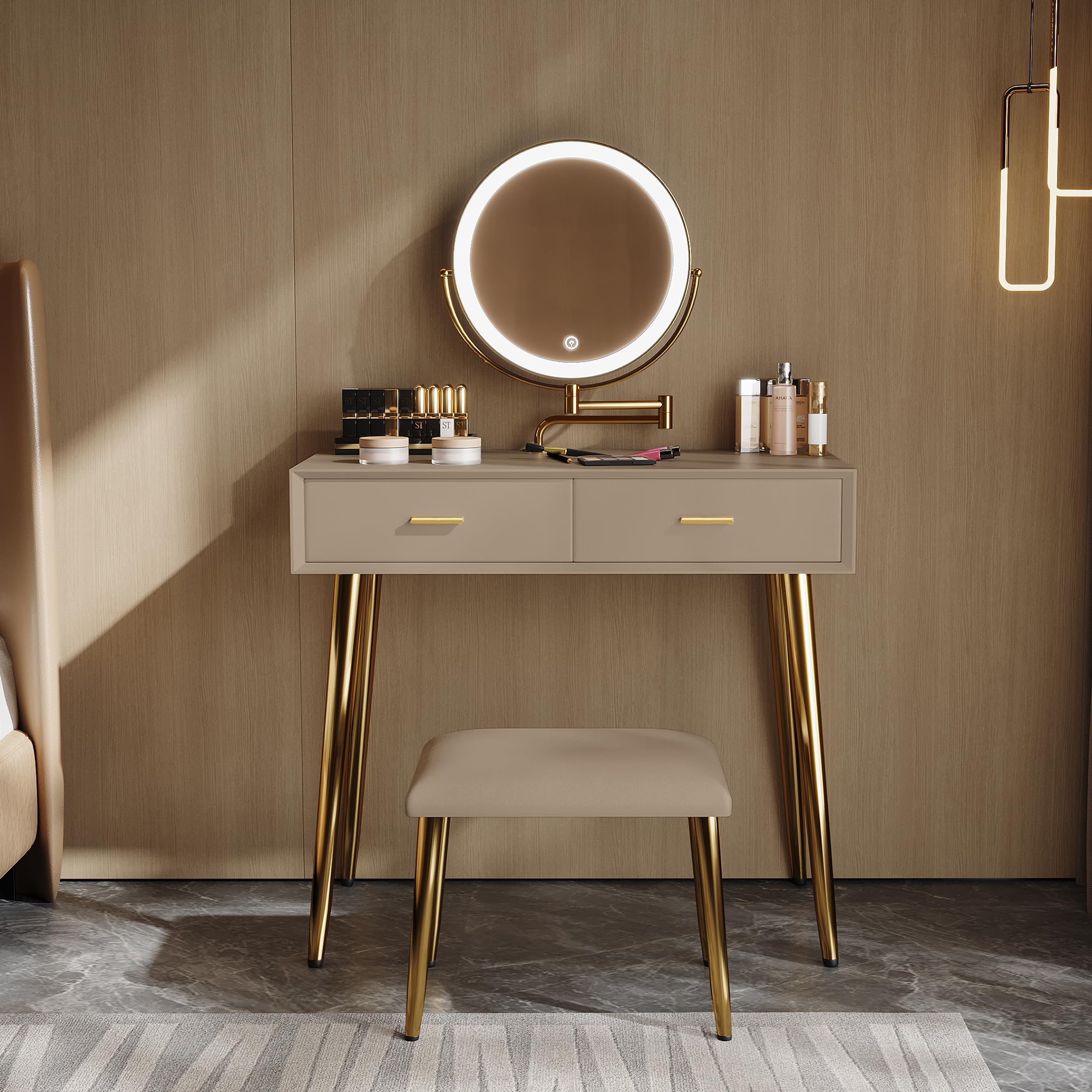 Onaninso Vanity Desk with Adjustable Mirror and Lights, Makeup Desk with Drawers and Chair, Dressing Table Set with Leather Surface, Small Vanity