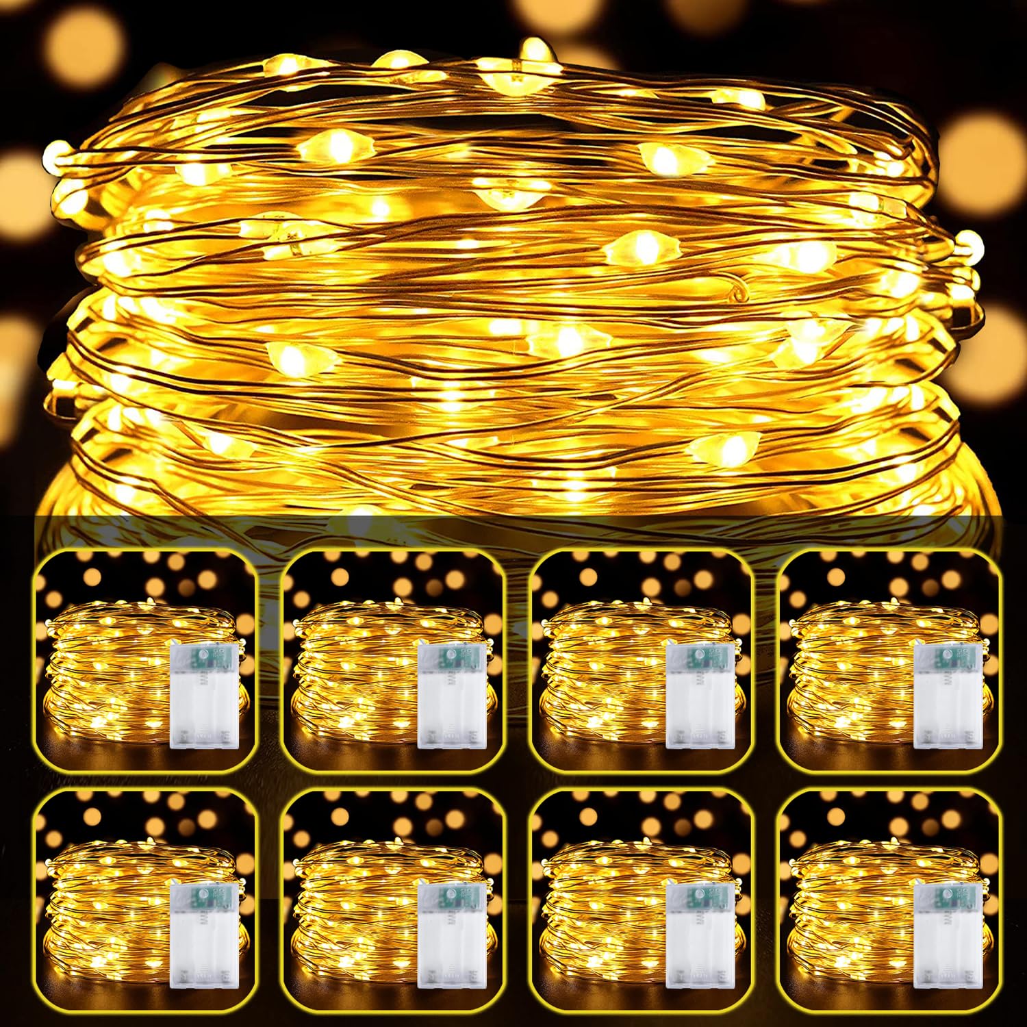 Lot de 8 guirlandes lumineuses LED à piles 6 m avec 60 LED argentées scintillantes pour chambre à coucher, Noël, fête de mariage, décoration intérieure et extérieure, blanc chaud