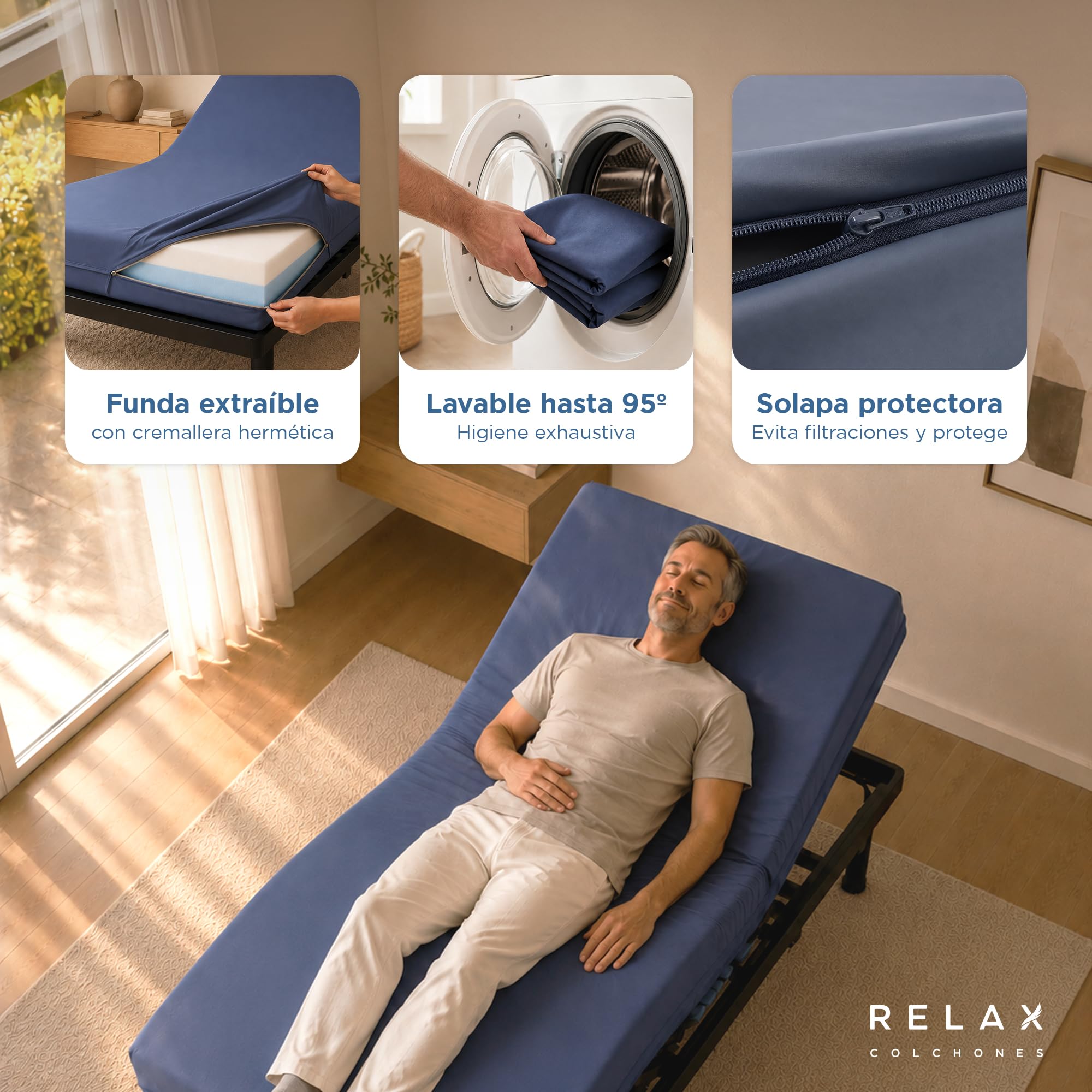 Colchón para Cama Articulada 90x190 | Espuma HR + Viscoelástico 5cm | Funda Impermeable, Lavable e Ignífuga | Colchón Sanitario, Hospitales, Gertiátrico | Fabricado en España | Vitae 90 x 190 (90x190)
