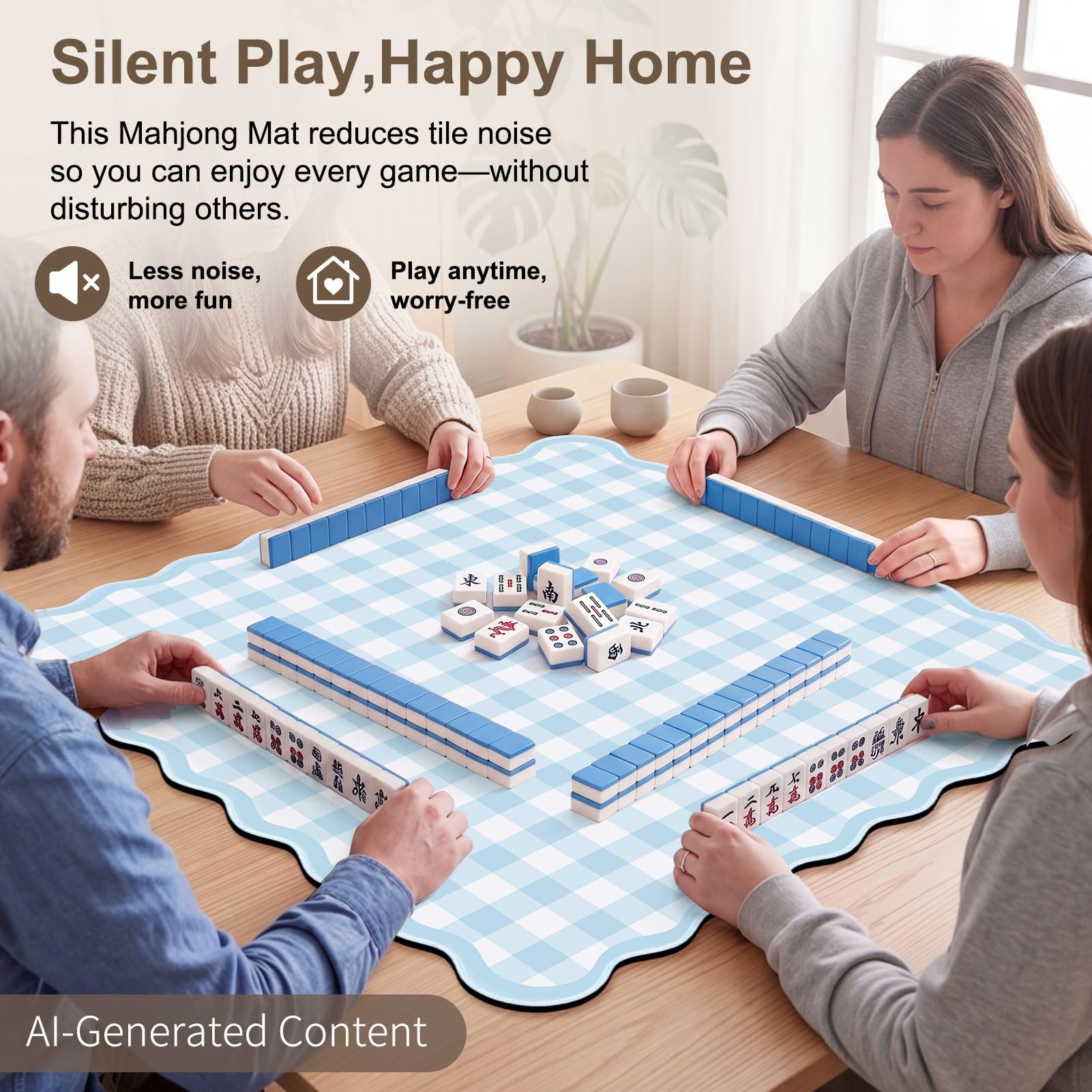 Tapis de mahjong festonné vichy 80 cm, antidérapant et antibruit pour table, tapis de jeu portable avec sac de transport pour mahjong américain, poker et dominos, bleu clair à carreaux
