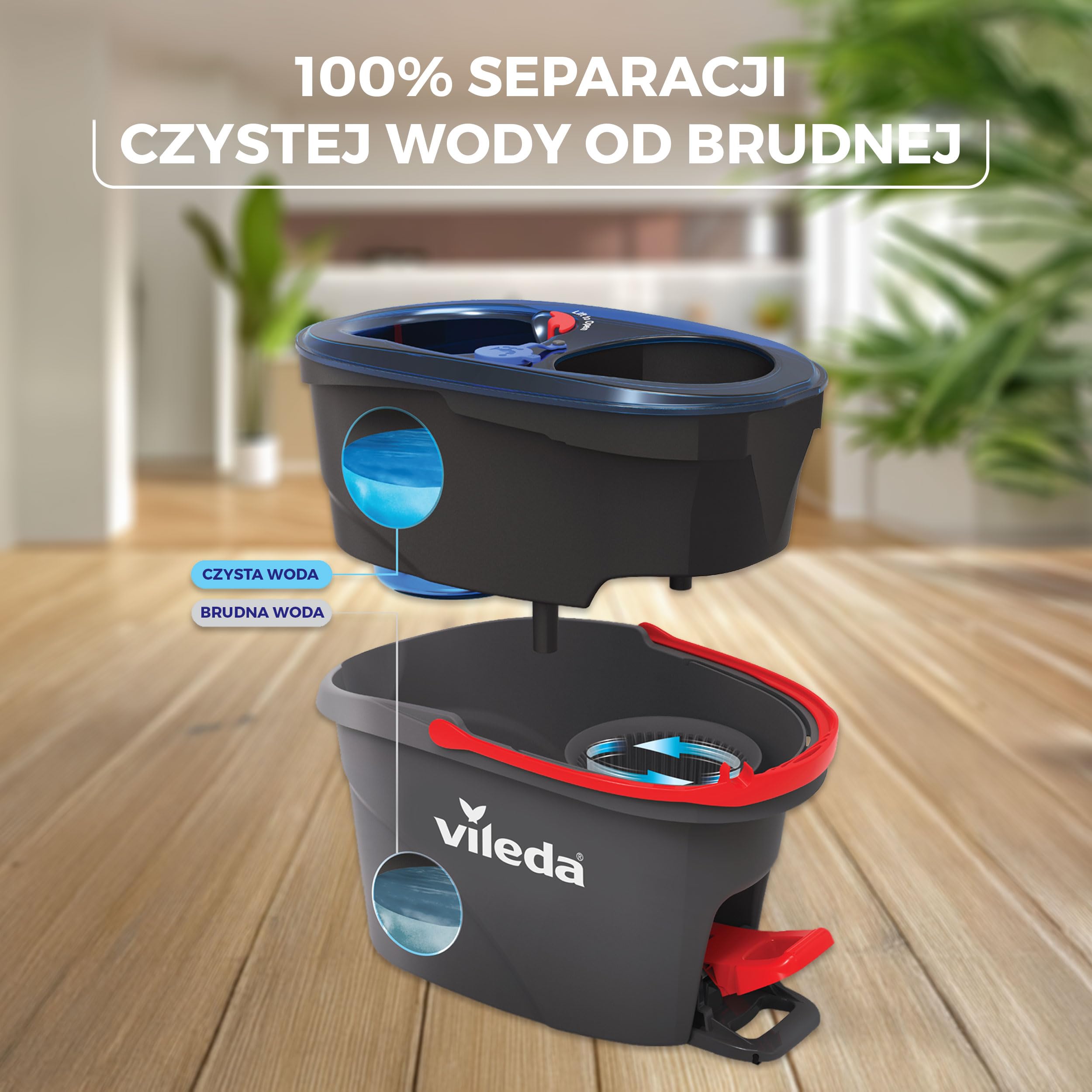 Vileda H2PrO zestaw mop z wiadrem – system 2 zbiorników z funkcją wyciskania | oddzielna woda czysta i brudna | mop z mikrofibry do paneli, płytek i parkietu