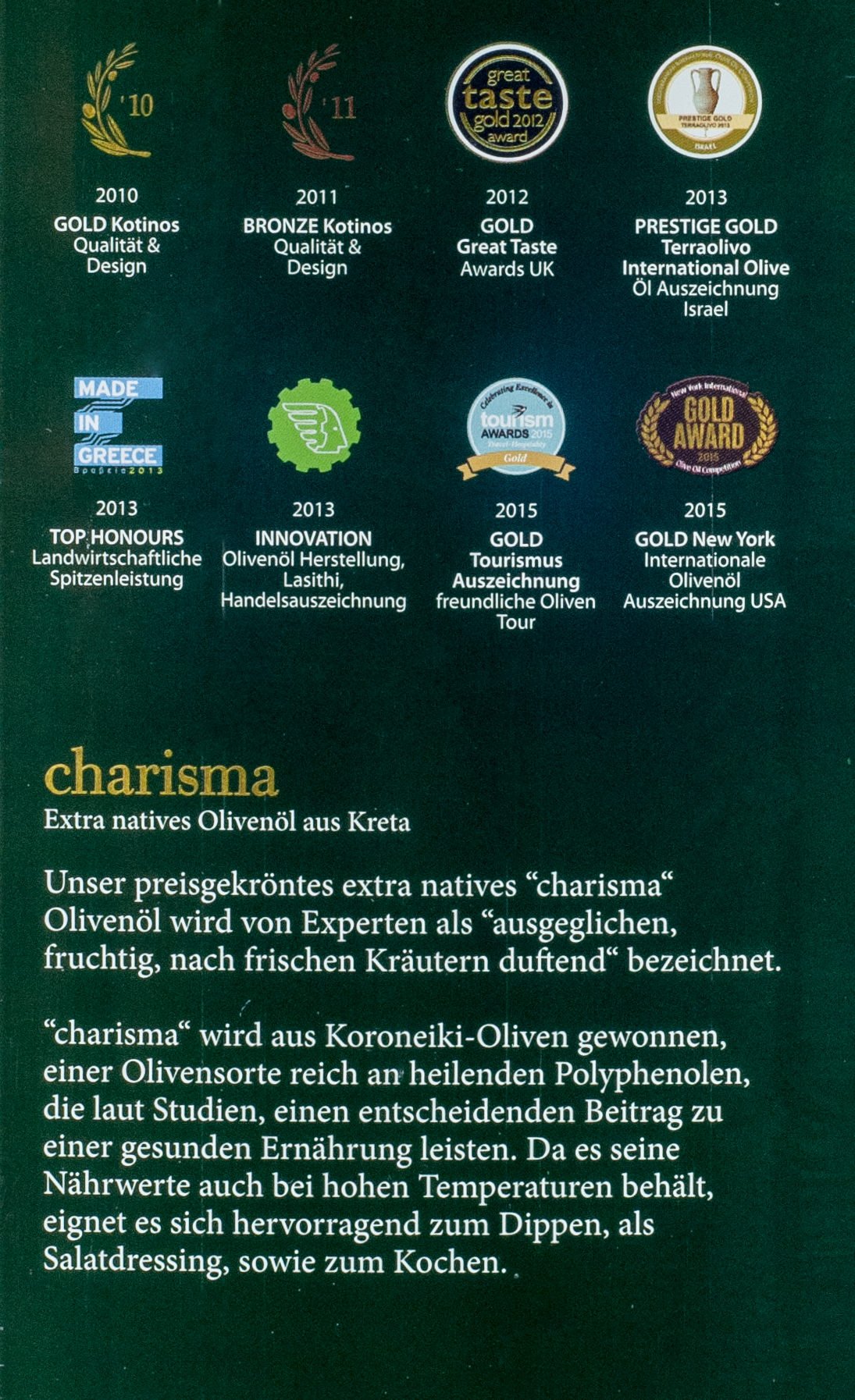 Premium Olivenöl Charisma 5 Liter, Extra nativ, Säuregehalt unter 0,4%, Sortenrein, Kaltgepresst, Vassilakis Olivenöl aus Kreta