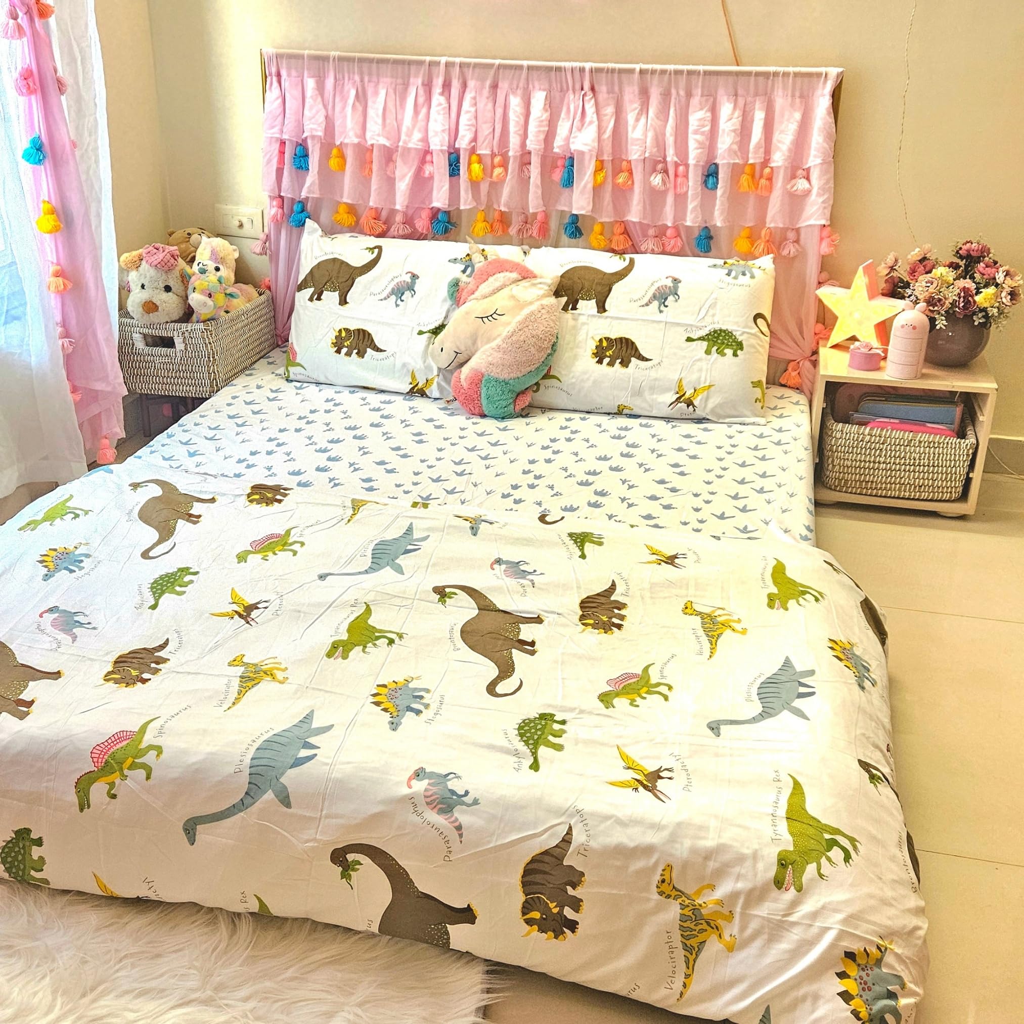 Famyo 4pc Bedding Set - King Size 250 TC Fitted Bedsheet, Comforter Cover, 2 Pillow Covers for Kids Duvet Bedding Set (Cute Dino Park)-image-8