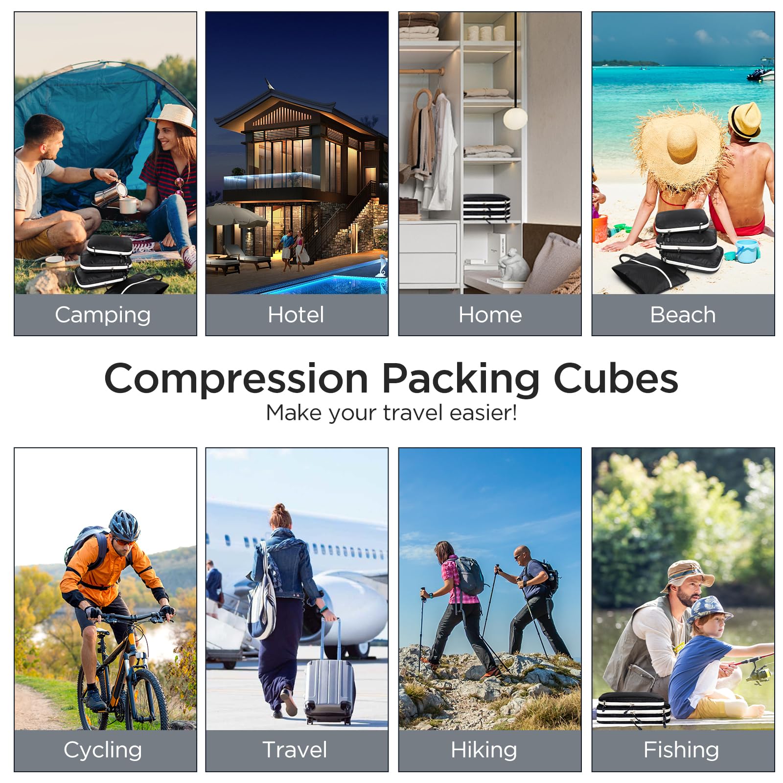 AiQInu Organizer Valigia 4 Pezzi Set, Compressione Packing Cube Salvaspazio Espandibile Ultraleggero Viaggio Organizer per i Vestiti,Scarpe,Intimo Set da Viaggio per Zaini o Bagagli a Mano