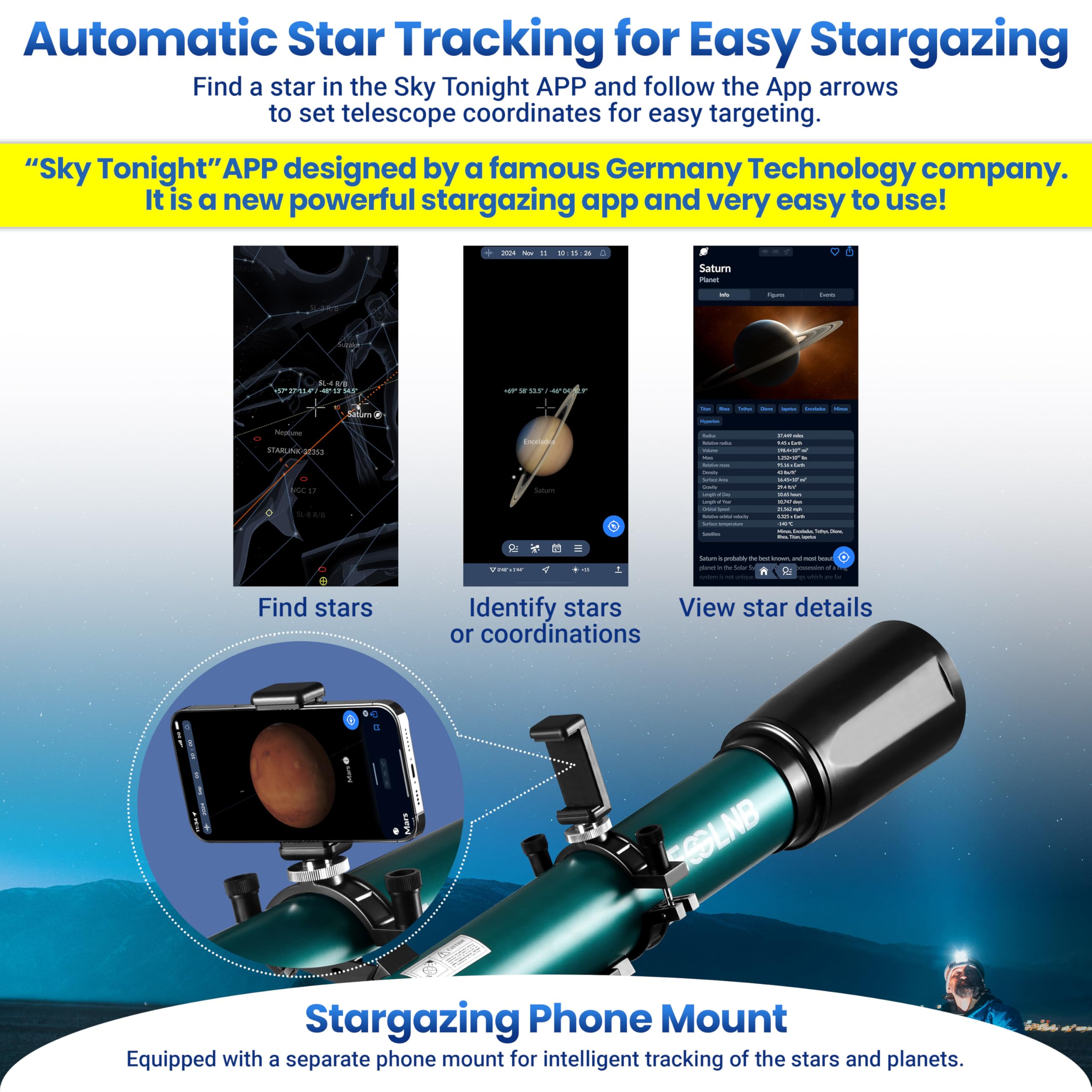 ESSLNB Telescopio 70080 Telescopio per Astronomia per Adulti con APP Stargazing Adattatore per Smartphone, Treppiede Regolabile, Mirino elettronico e Telecomando Wireless (Verde)