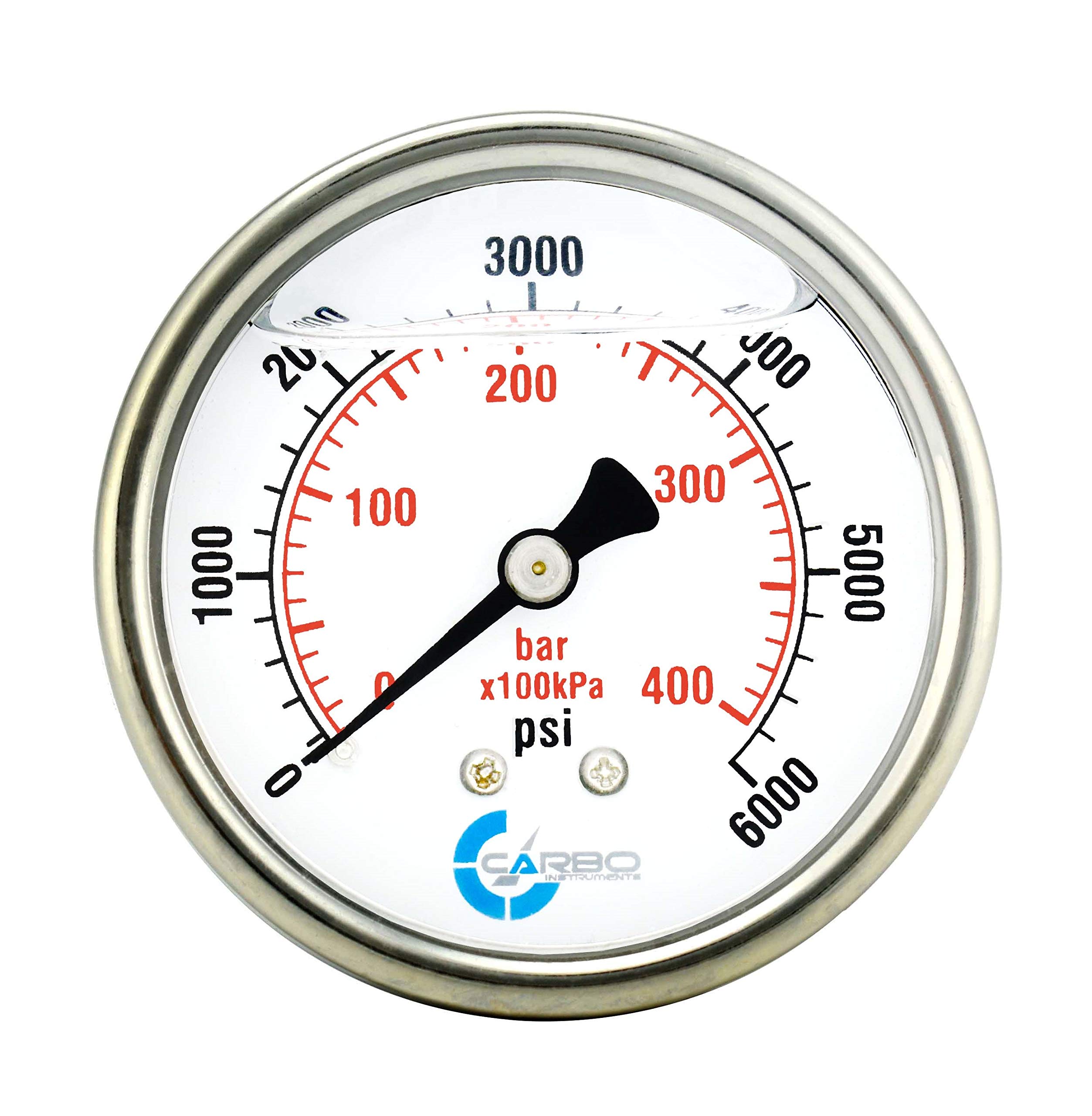 CARBO Instruments 2" Pressure Gauge, Stainless Steel Case, Chrome Plated Brass Connection, Liquid Filled, 0-6000 psi/kPa, Back Mount 1/4" NPT
