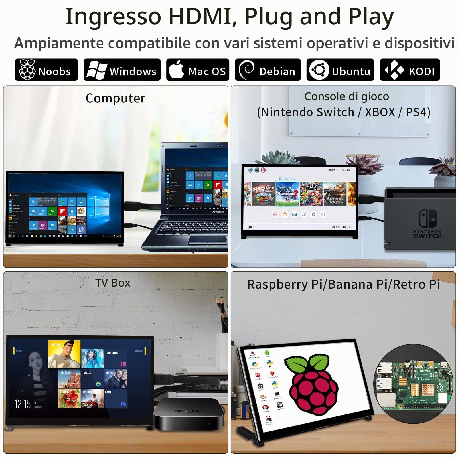 WIMAXIT Raspberry Pi 4 Touch Screen, 10.1 pollici Monitor touch portatile 1024X600 IPS con doppia USB HDMI Angolo di visione 178° per Raspberry Pi 5 4 3 2 Zero B+ Modello B PS4 iOS Win7/8/10