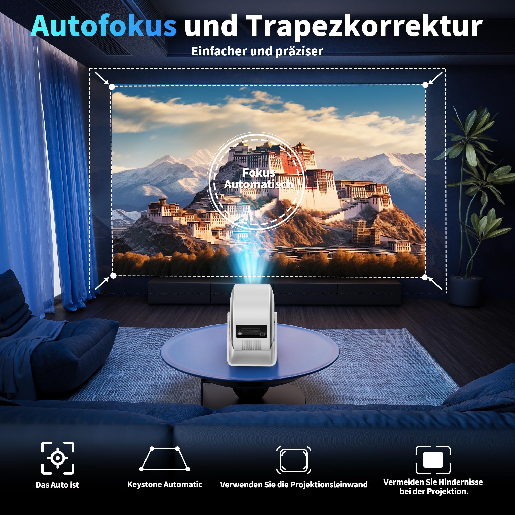 Mini proiettore [app integrate] Proiettore 4K 1080P, 2026 aggiornato Auto Focus & Auto Keystone 360 ° Proiettore portatile con WiFi 6 e Bluetooth 5.4 compatibile con HDMI/TV Stick/USB/laptop, bianco