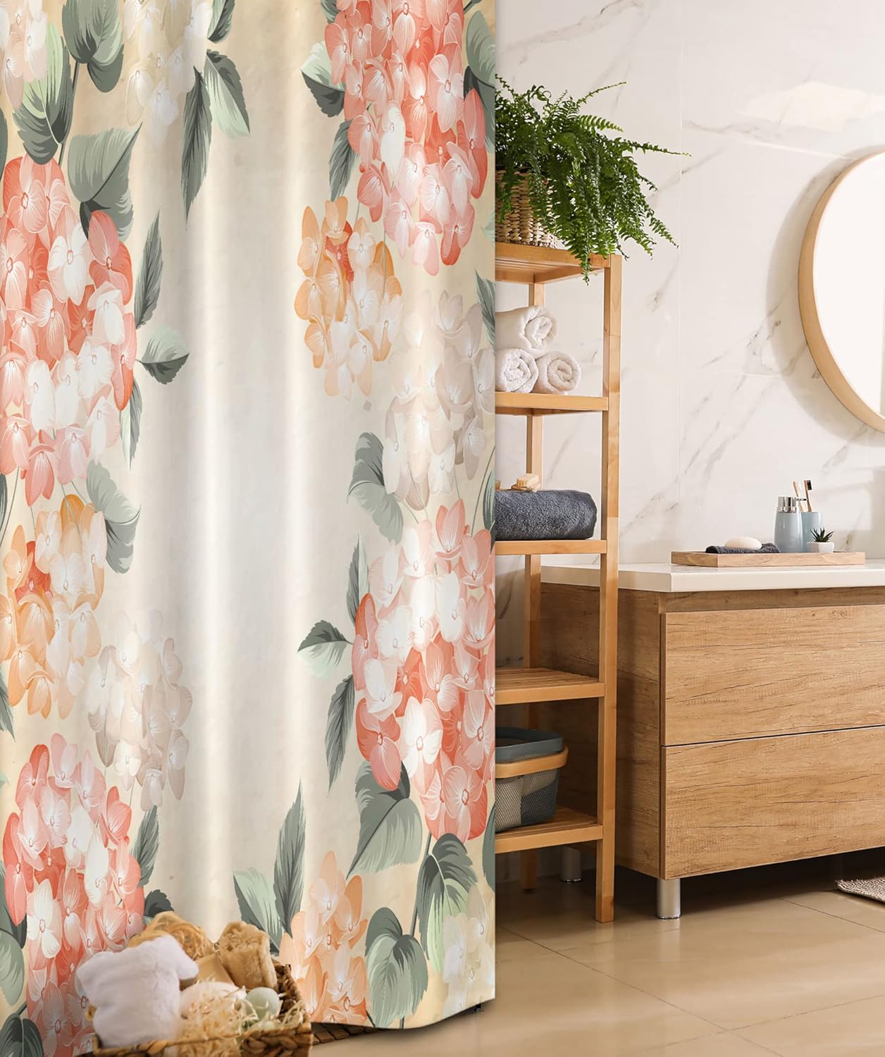 Ambesonne Floral Stall Shower Curtain, Blooming Hydrangea Flowers Leaves Bouquet Vintage Style Spring Nature Print, Fabric Bathroom Decor Set with Hooks, 36" W x 72" L, Salmon Reseda Green