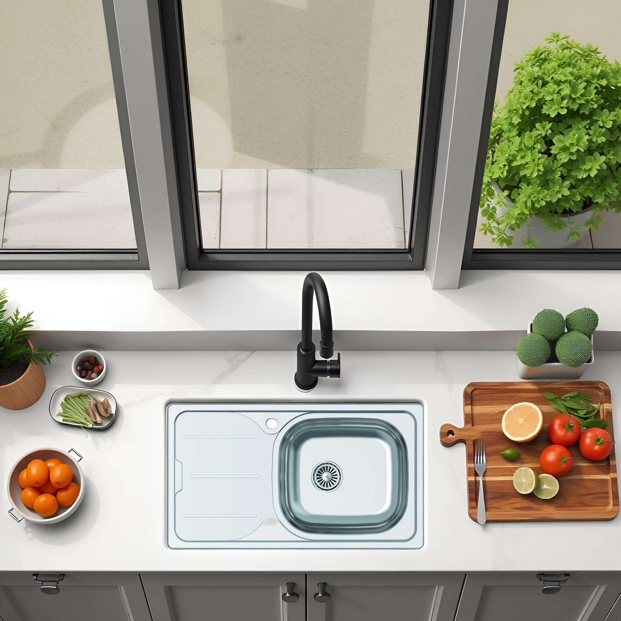 CATA Fregadero CDS-1 EI/A Cubeta Cuadrada Escurridor Instalación Mueble 45 CM Base Fonoabsorbente Acero Inoxidable Válvula Canasta Acabado Inox