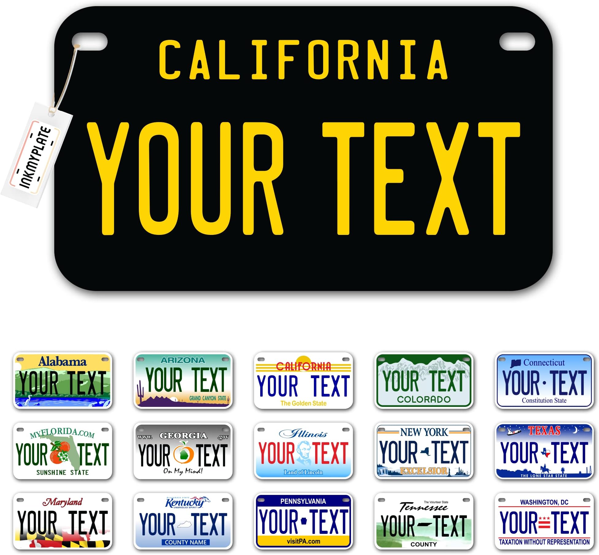 Custom California Small Plate | 7x4 in | 3 Sizes | Custom Mini Tags for Kids Bicycles | Power Wheels | Wagons | ATV | USA Thick .040 Aluminum