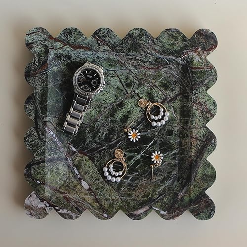 Miniatura 8 de Bandeja de mármol festoneado de lujo natural, bandeja decorativa cuadrada verde hecha a mano, bandeja para atrapar todas las bandejas para
