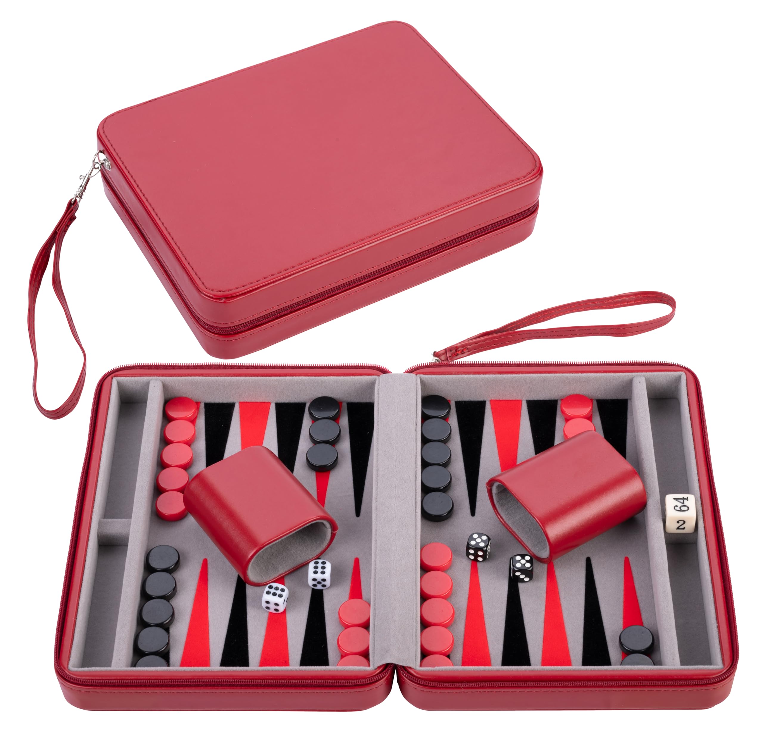 Engelhart  250500  Travel Backgammon Set 9-Inch Deluxe with Inlay Felt  Red Zipper Closure (Gray, Black, Red)