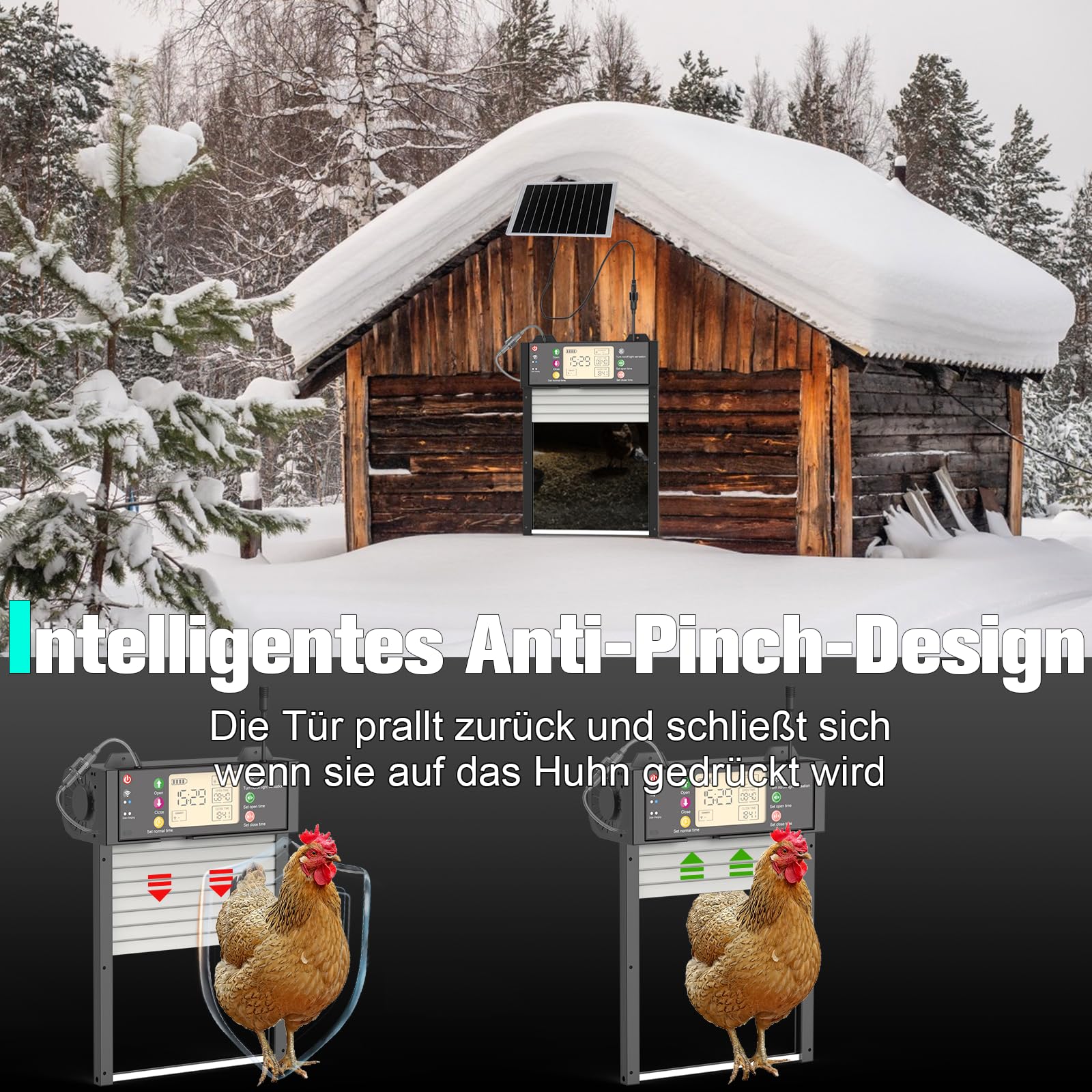 Gallinero automático solar con control por aplicación WiFi, puerta eléctrica automática con batería de 4000 mAh, temporizador, sensor de luz, protección contra pellizcos, pantalla LCD para gallinero