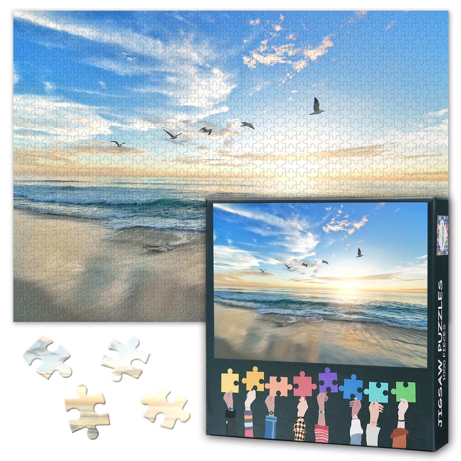 Jigsaw Puzzle for Adults - 1000 Piece Empty Beach Near the Ocean with a Flock of Flying Birds, Challenging Beach Art for Bedroom Decor & Friends Gifts 20x28 Inch