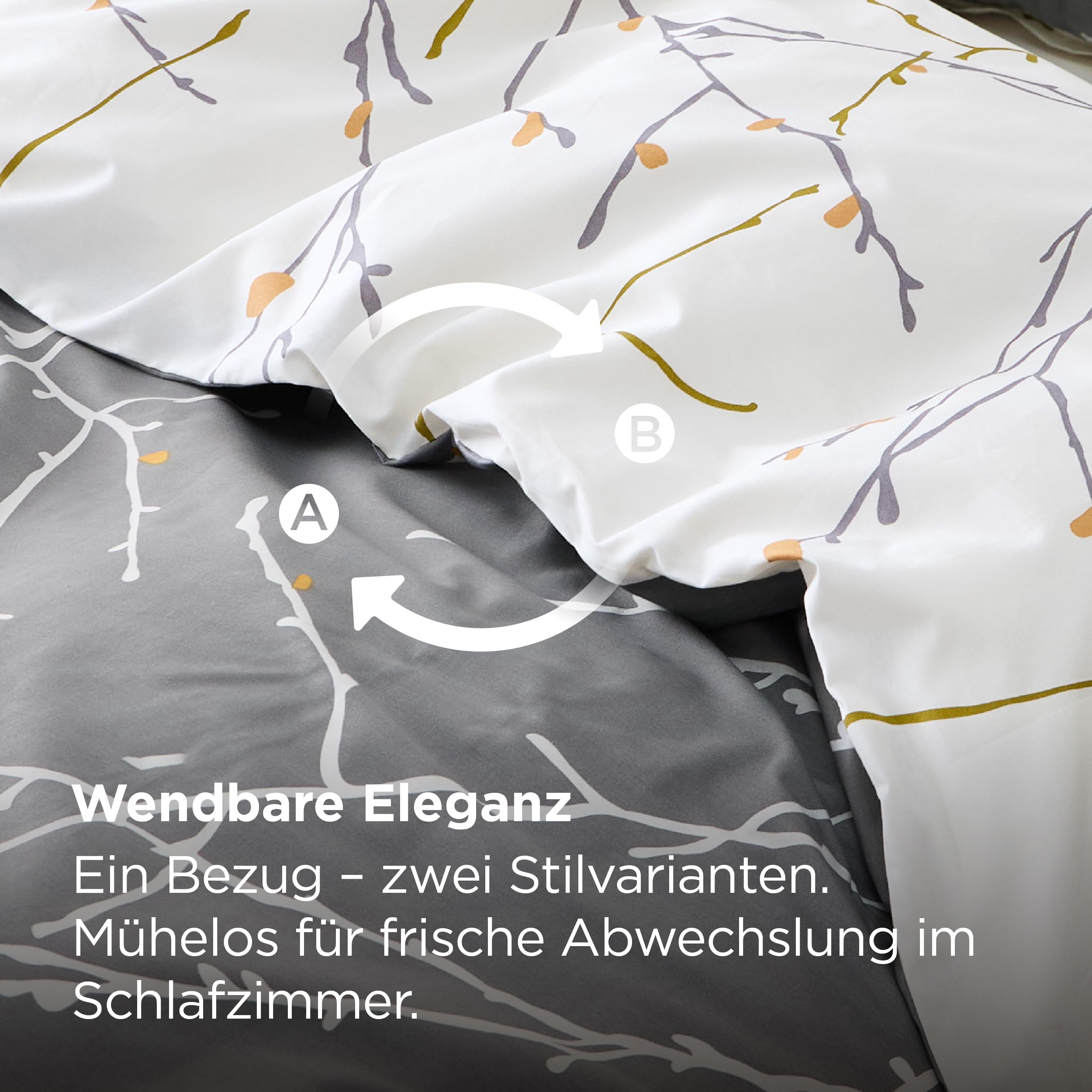 BEDSURE Bettwäsche 135x200 Baumwolle 4teilig - Bettwäsche-Sets Grau Bettbezug 2er Set mit 2 Kissenbezüge 80x80 cm, ÖKO-TEX Wendebettwäsche Bedding Zweige Muster mit Reißverschluss