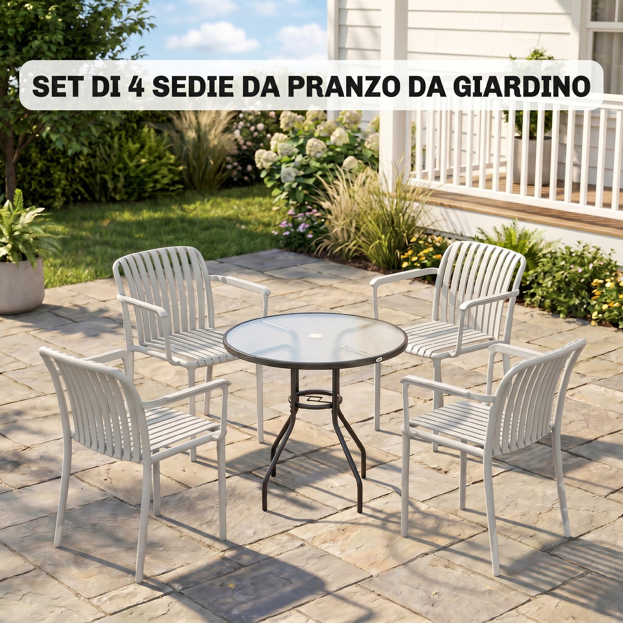 Outsunny Set 4 Sedie da Giardino Impilabili Anti UV con Braccioli Grigio | Polipropilene, Sedie per Pranzo da Esterno, Design a Doghe, per Patio Balcone Terrazza Esterno Interno