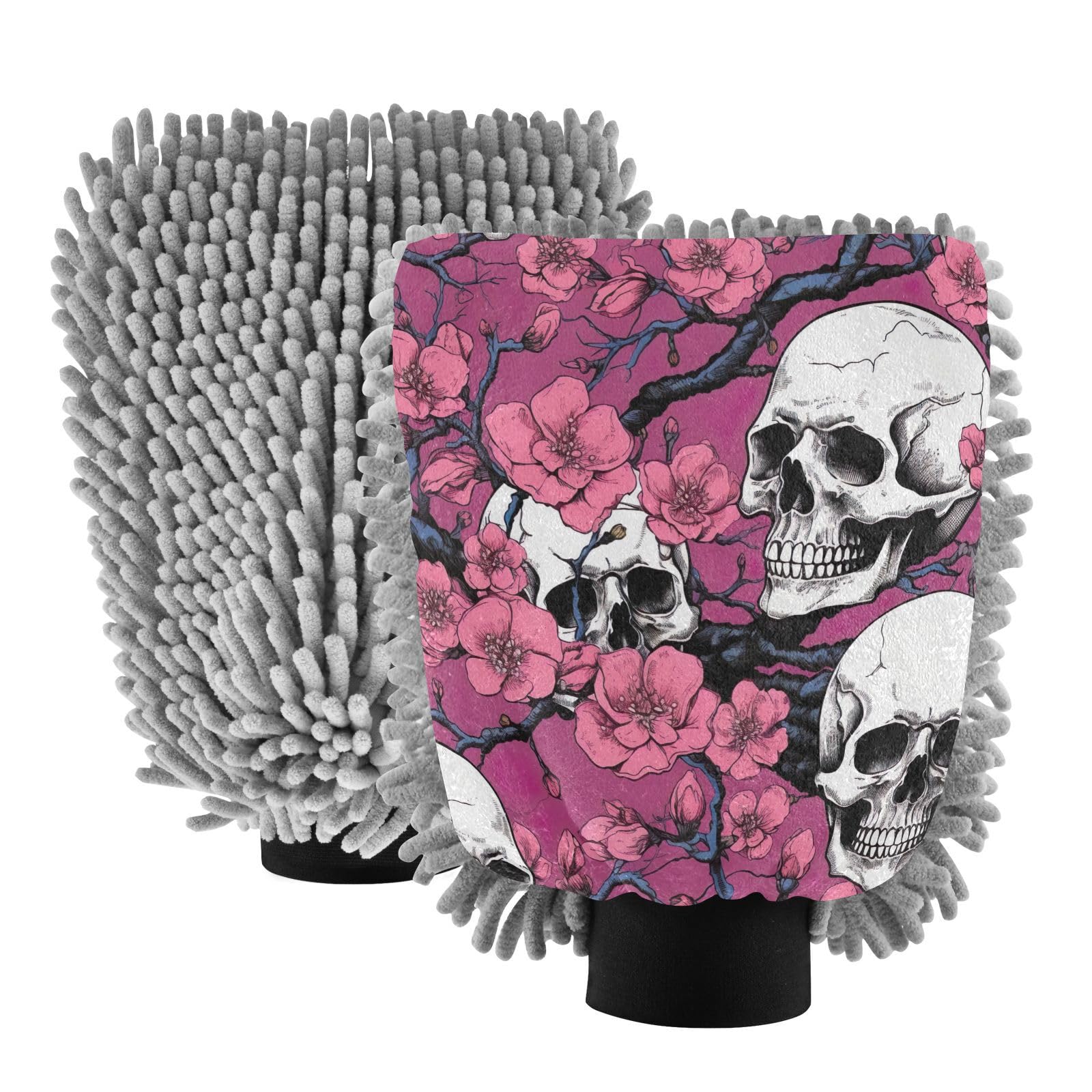 Flradish 2 Pack Skull and Flowers Car Wash Mitt Chenille Microfiber Lint-Free Scratch Free Ultra-Soft Absorbent Car Wash Mitt 10.2x7.09 Inch