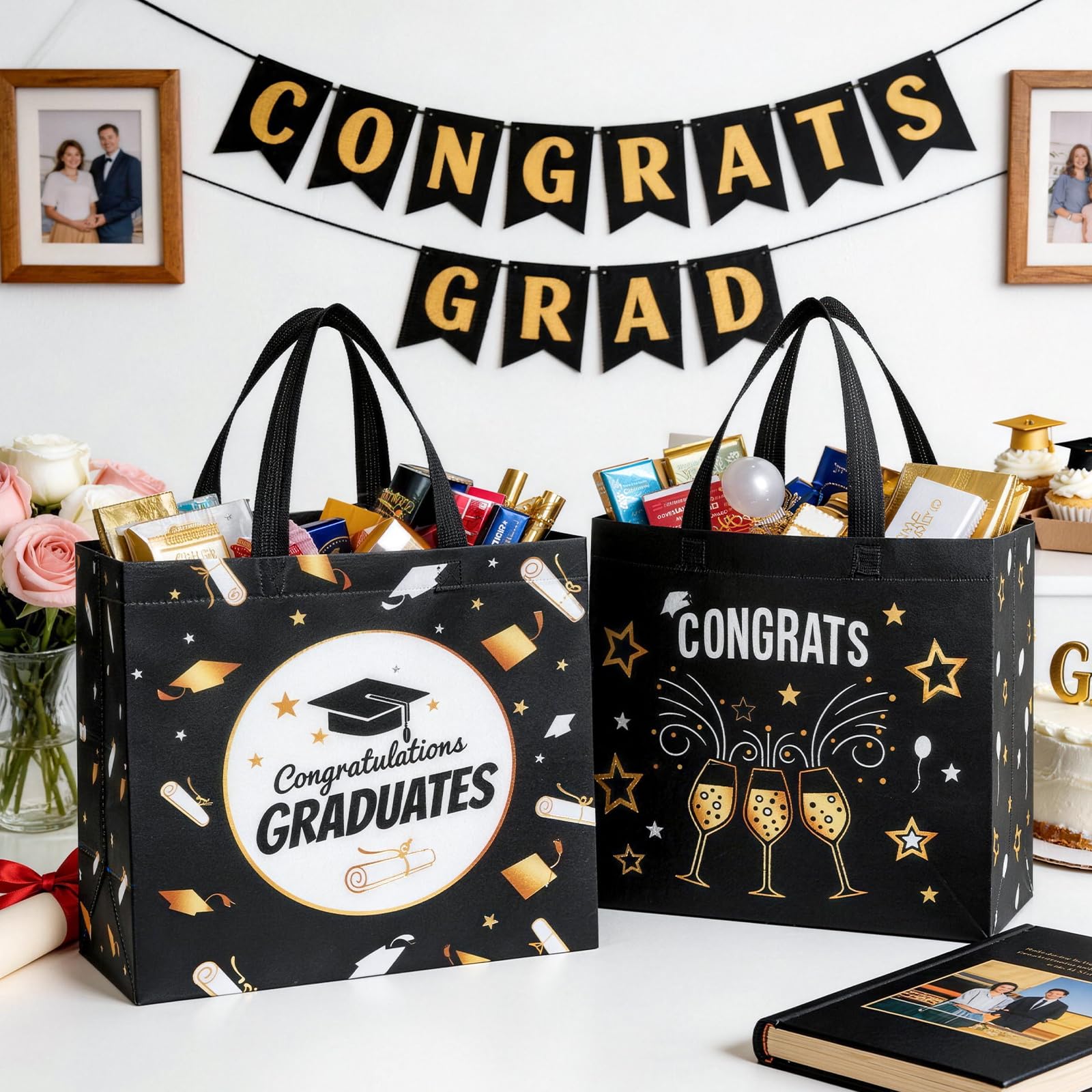 STYPOP 2 Pack 13" Large Graduation Gift Bags with Tissue Paper, Reusable Non-Woven Grad Bags with Handles, Best Graduation Gifts Class of 2026 College/High School / 8th Grade, 12.8"*10.2"*6.3"