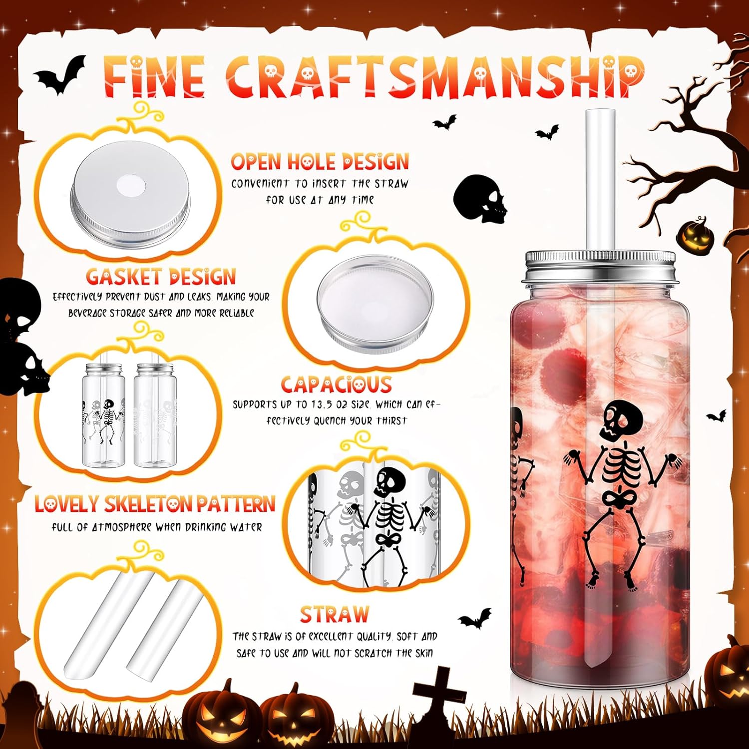 Vesici 24 Pack Halloween Party Plastic Cups with Lid and Straw 13.5 oz Clear Reusable Plastic Tumblers Bulk Skeleton Printed Design Cold Drink for Horror Party Birthday Supplies - Image 4
