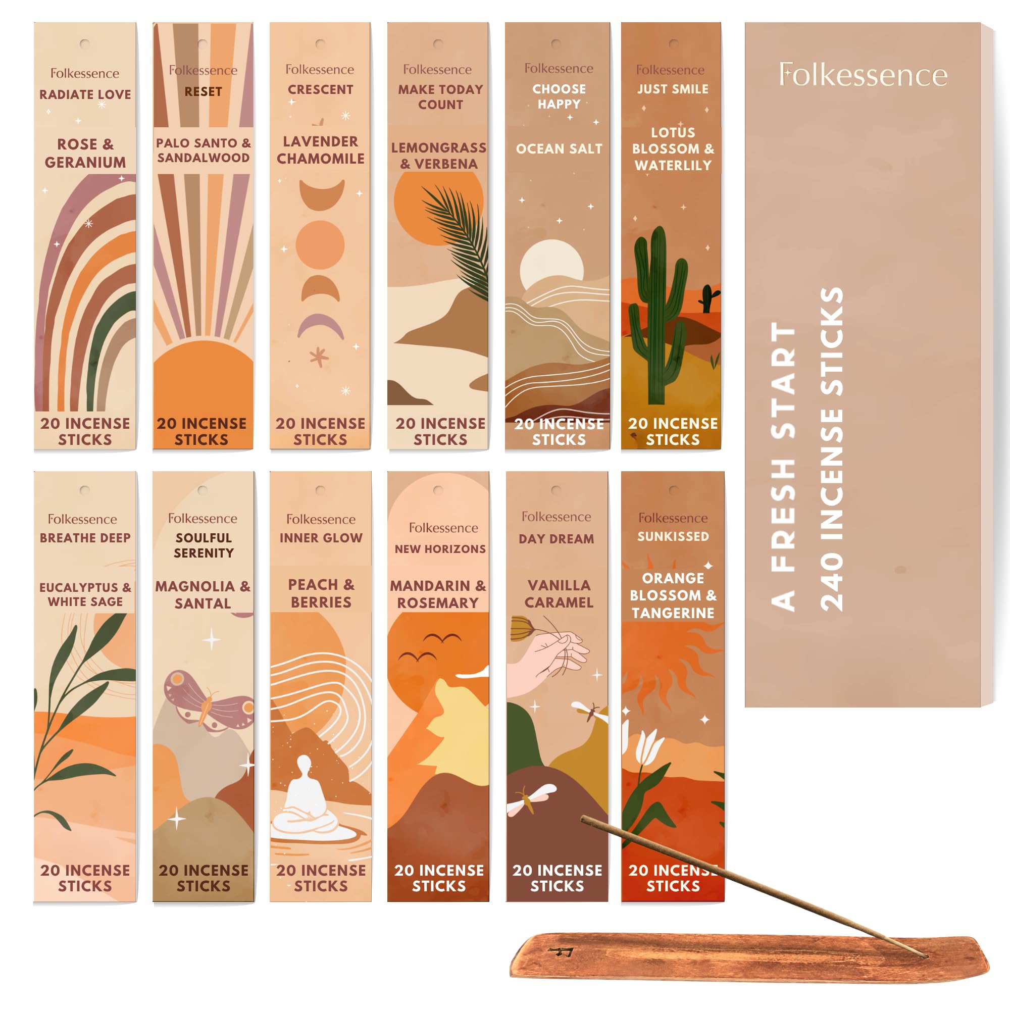 Folkulture Women's A Fresh Start Incense Sticks (240Sticks) | Pack Of 12 Premium Insense For Yoga, Meditation, Aromatherapy, Home | No Charcoal, Organic, Non Toxic, 45 Mins, Long Burning Palo Santo, Sandalwood, Insence