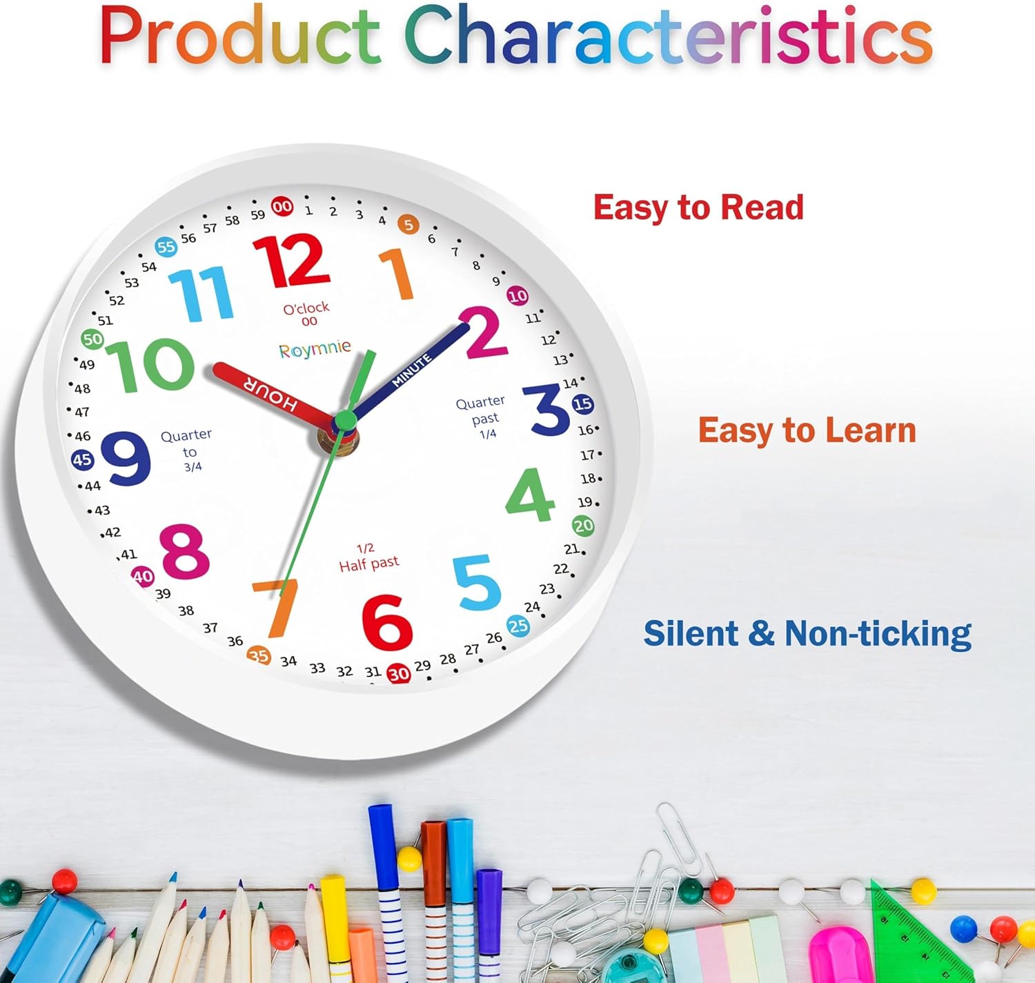 Roymnie14 Inch Wall Clock for Kids Learning to Tell Time Large Analog Silent Battery Operated Teaching Clock Silent Colorful Teaching Time Ideal Gift for Kids Room School(White Grain)