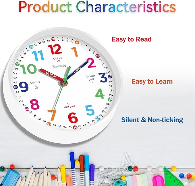 Roymnie Reloj de Pared 14 Pulgadas para Aprender la Hora Analógico Silencioso miniatura 6