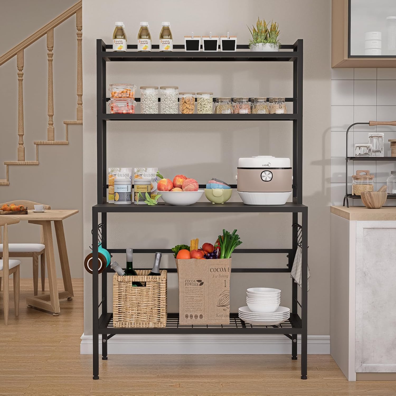 Kitchen Bakers Rack with Open Bottom, 63''H Metal Microwave Stand with 8 Hooks, 4-Tier Heavy Duty Coffee Bar Table with Mesh Shelf, Multi-Purpose Display Rack&Potting Bench Table for Patio