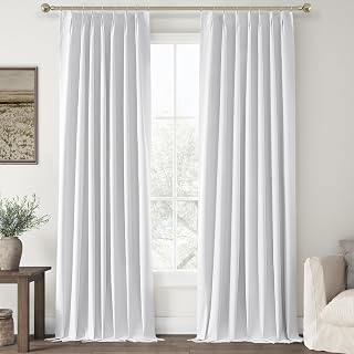 ChrisDowa White Pinch Pleated Blackout Linen Curtains 120 inches Long 2 Panels for Living Room Bedroom Farmhouse Room darking Thermal Insulated Back Tab Hooks Rings Window Treatment Drapes,40x120