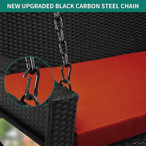 Miniatura 4 de YITAHOME Silla oscilante colgante de mimbre de 2 asientos, para exteriores, ratán negro, con 2 cojines de respaldo, capacidad de 530 libras para