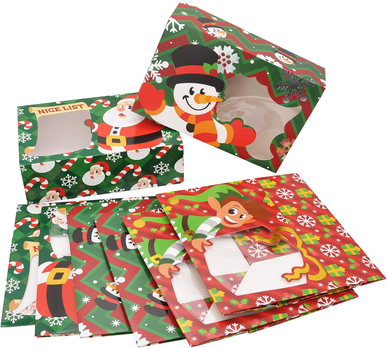 JOYIN 24 PCS Christmas Foil Bakery Cookie Gift Box (8.75" x 5.75" x 2.75") in 3 Designs, Colorful Patterns with Window for Pastries, Cupcakes, Cookies, Brownies, Donuts, and Gift-Giving