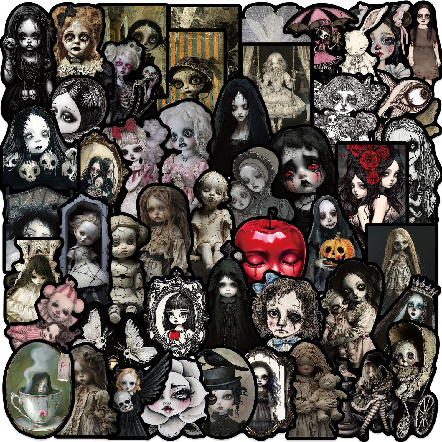 Lylsdsb Gothic Doll 50Pcs Stickers Dark Vinyl Decals For Laptops Skateboards Luggage Helmets Bikes And Phones Fans Lovers And Macabre Vibe Enthusiasts