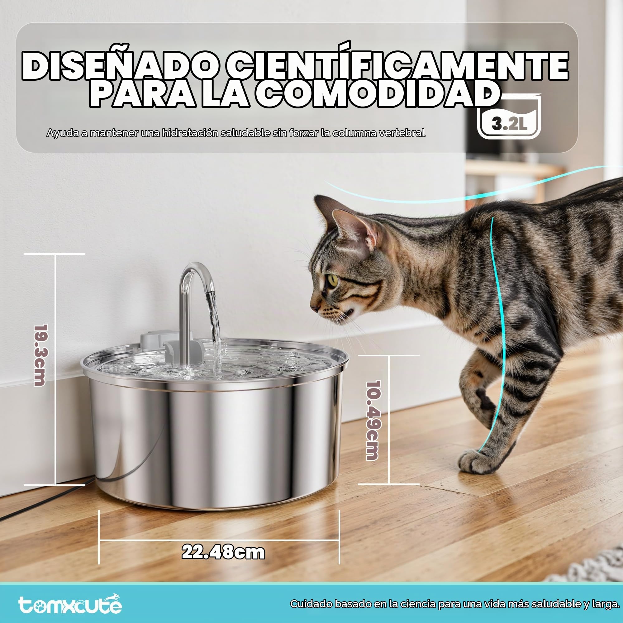 TOMXCUTE 4,0 L Fuente para Gatos de Acero Inoxidable, Fuente de Agua para Gatos y Perros pequeños, diseño de Cuello de Cisne, Apto para lavavajillas, con 1 Esponja y 3 filtros de carbón