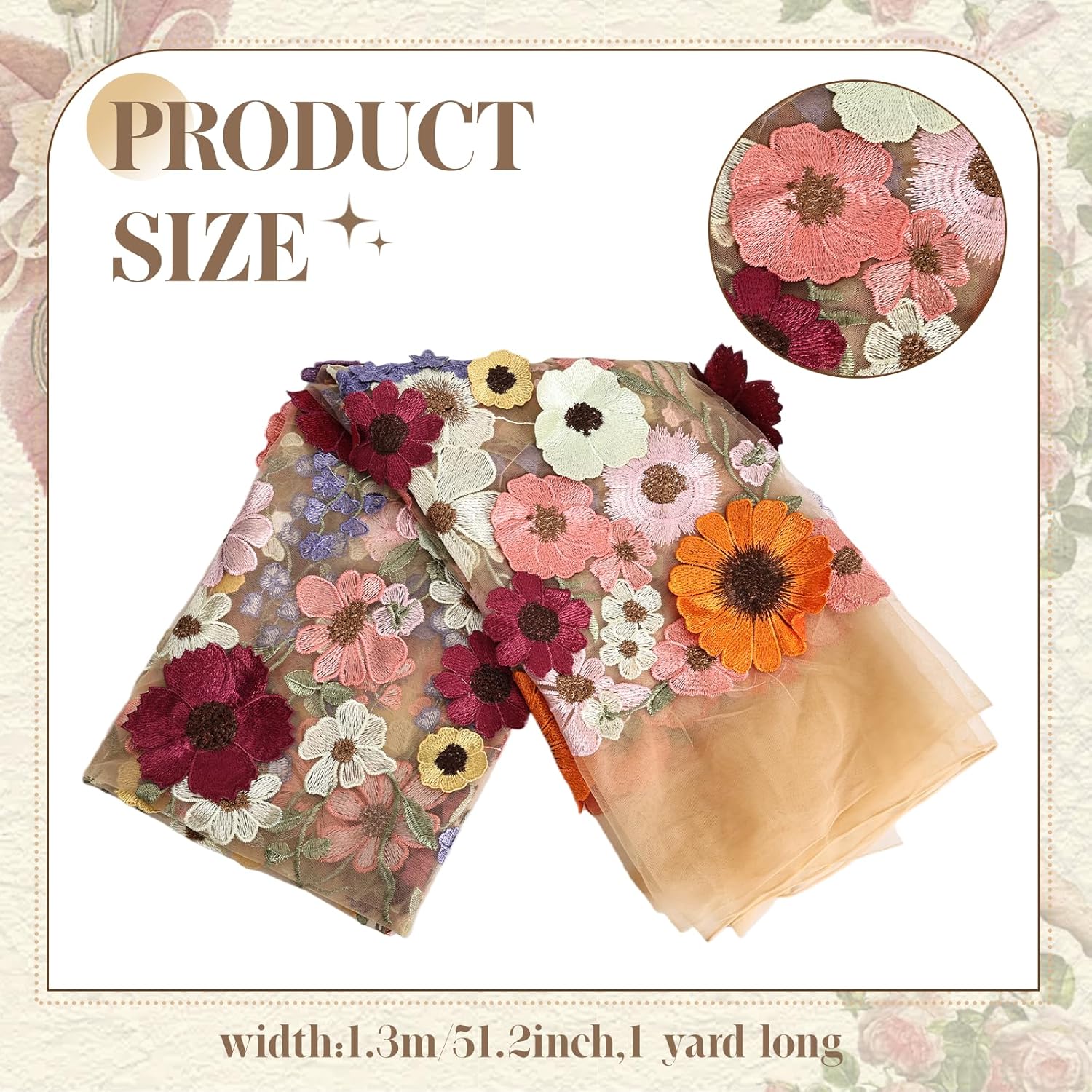 Primst 51.2" Width Flower Colorful Embroidered Lace Trim 3D Appliqué Embroidery Lace Fabric for DIY Handmade Clothing Evening Dress Home Decoration (Apricot)