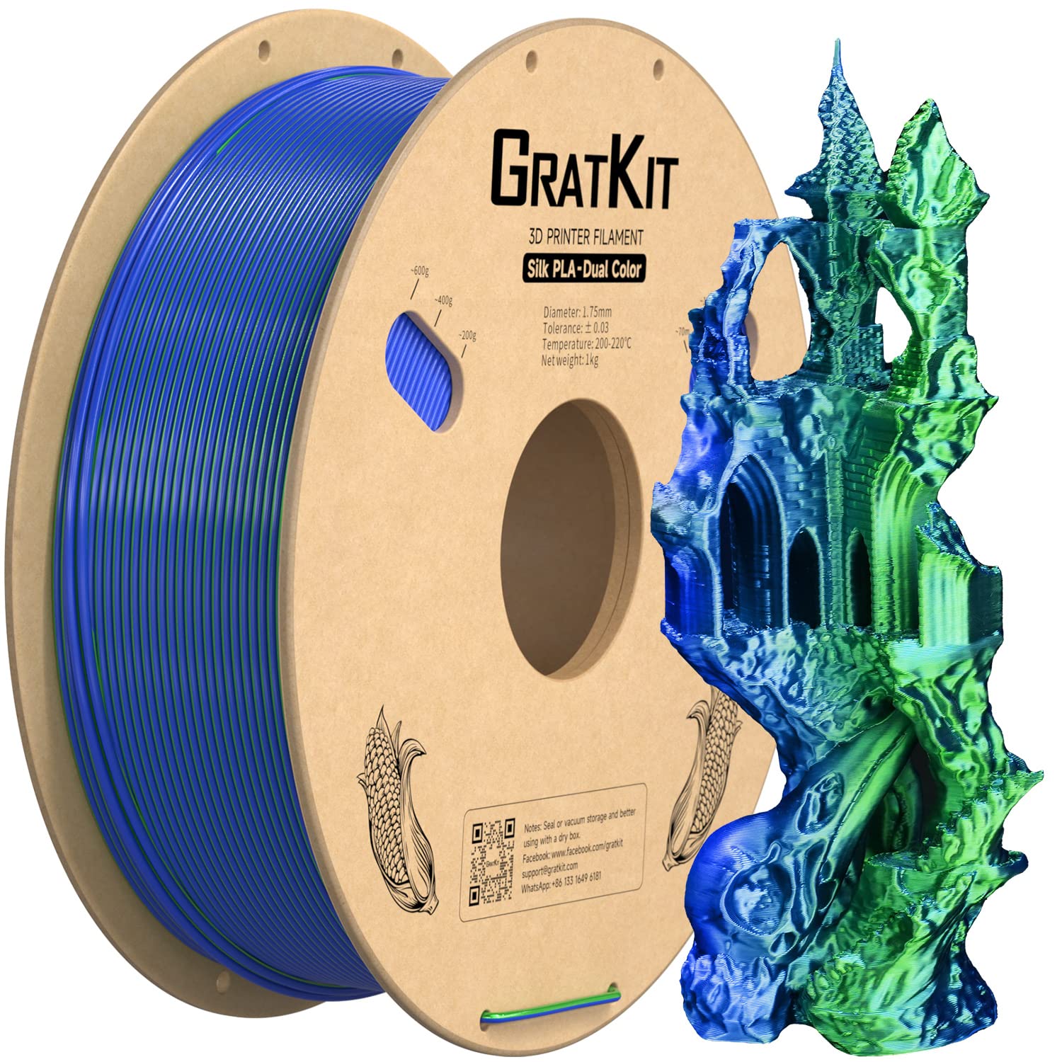Gratkit Silk Dual Color PLA Filament, 1.75mm, 1KG, Silk PLA Blue &amp; Green